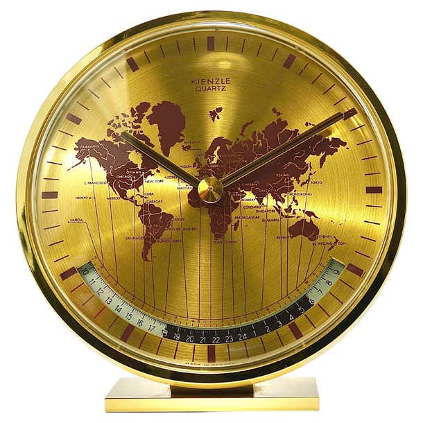 Kienzle GMT World Time Zone Brass Table Clock Midcentury Germany kienzle-gmt-world-time-zone-brass-table-clock-midcentury-germany