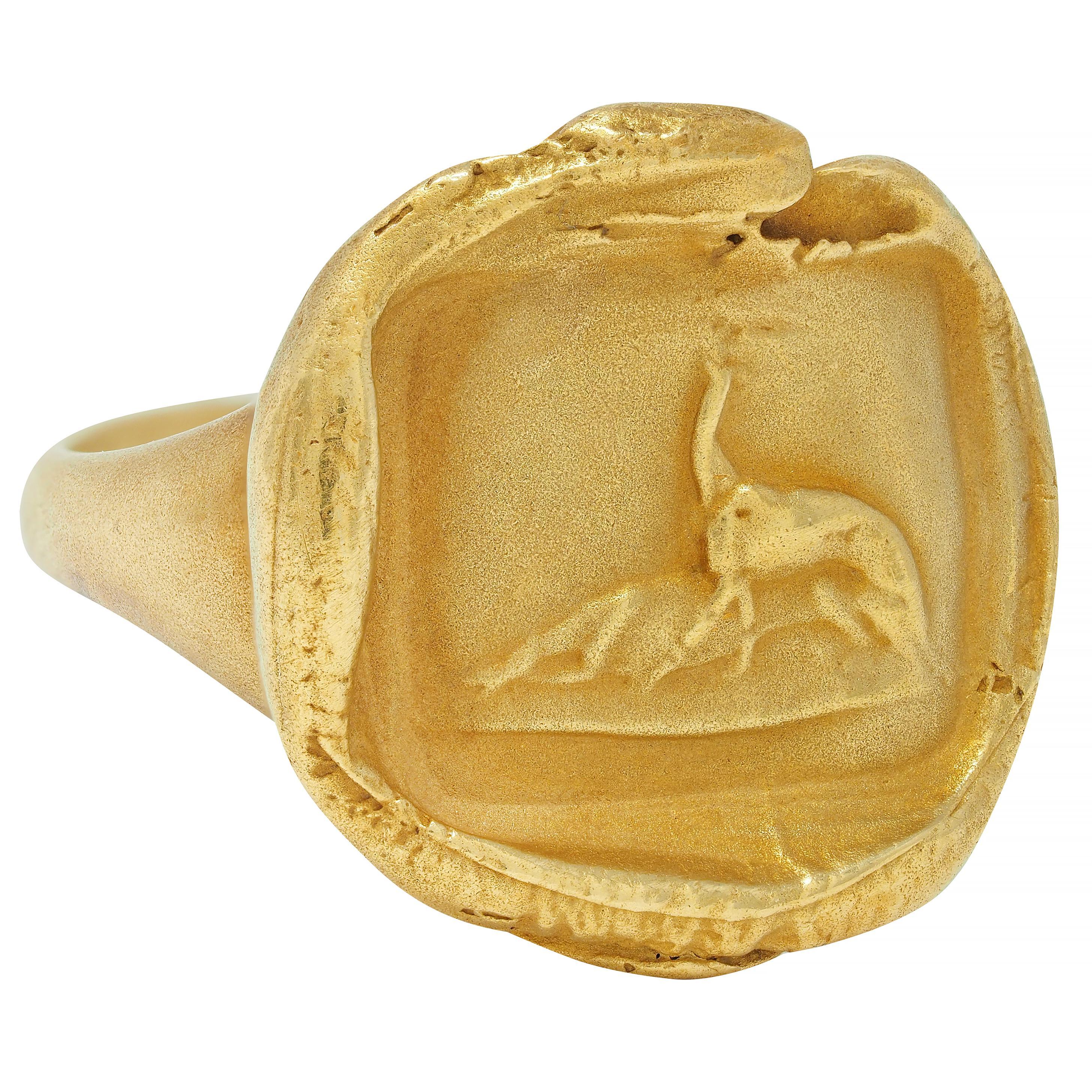 Designed as an organic cushion-shaped wax seal-like form 
Centering a raised cameo of an abstracted animal
Subtle with raised gloopy edges
Completed by flared shoulders 
Stamped for 18 karat gold 
Fully signed with maker's mark for
