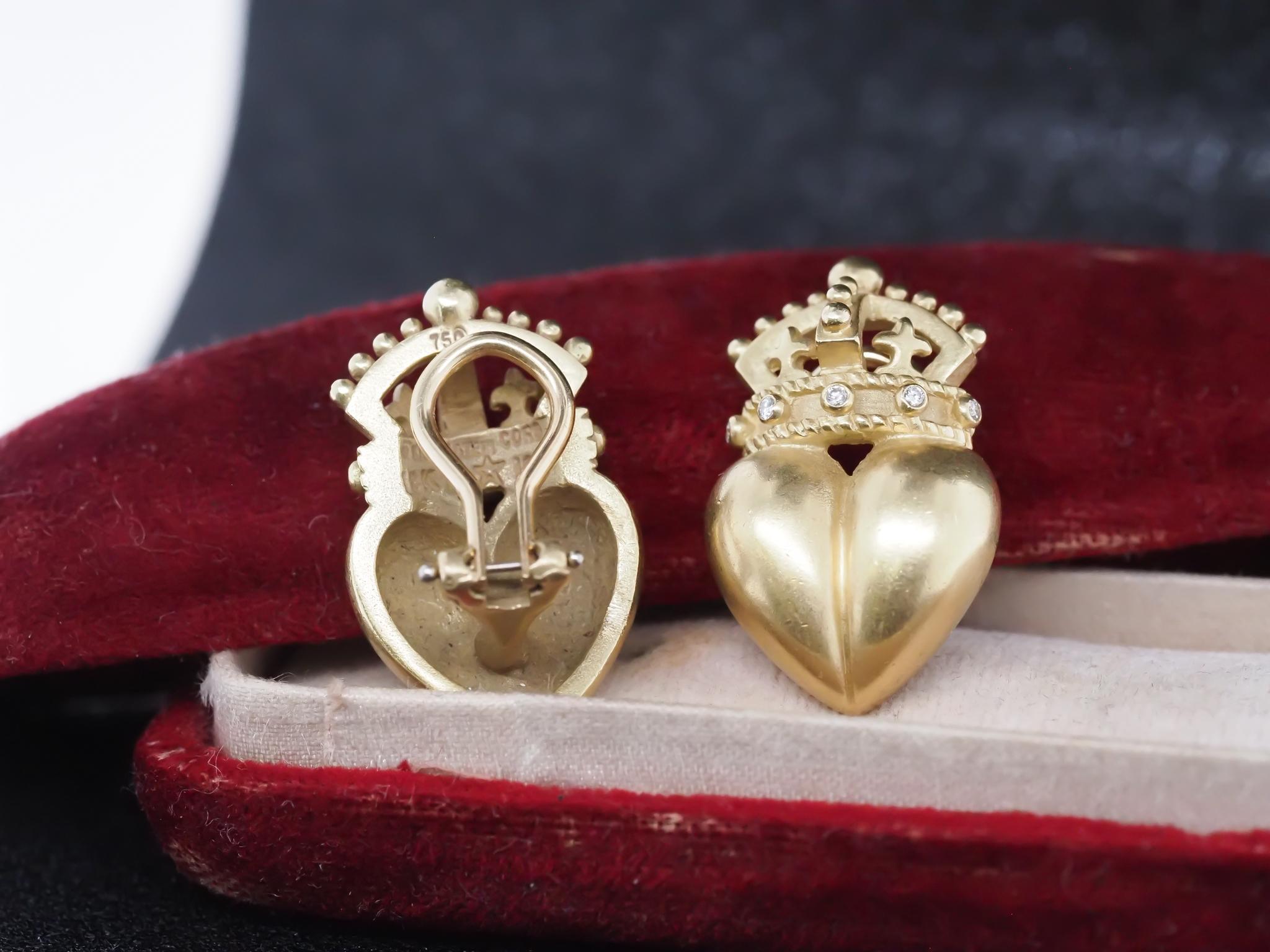 Women's Kieselstein-Cord 18K Yellow Gold Crown Heart Diamond Earrings For Sale