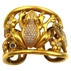 Kieselstein-Cord 18K Yellow Gold Diamond and Multigem Frog Cuff Bracelet