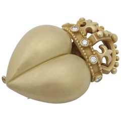 Kieselstein Cord 1980s Large Puffy Heart with Diamonds in Crown Gold Brooch