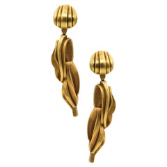 Vintage Kieselstein Cord 1983 Sculptural Dangle Drop Earrings Brushed 18Kt Yellow Gold