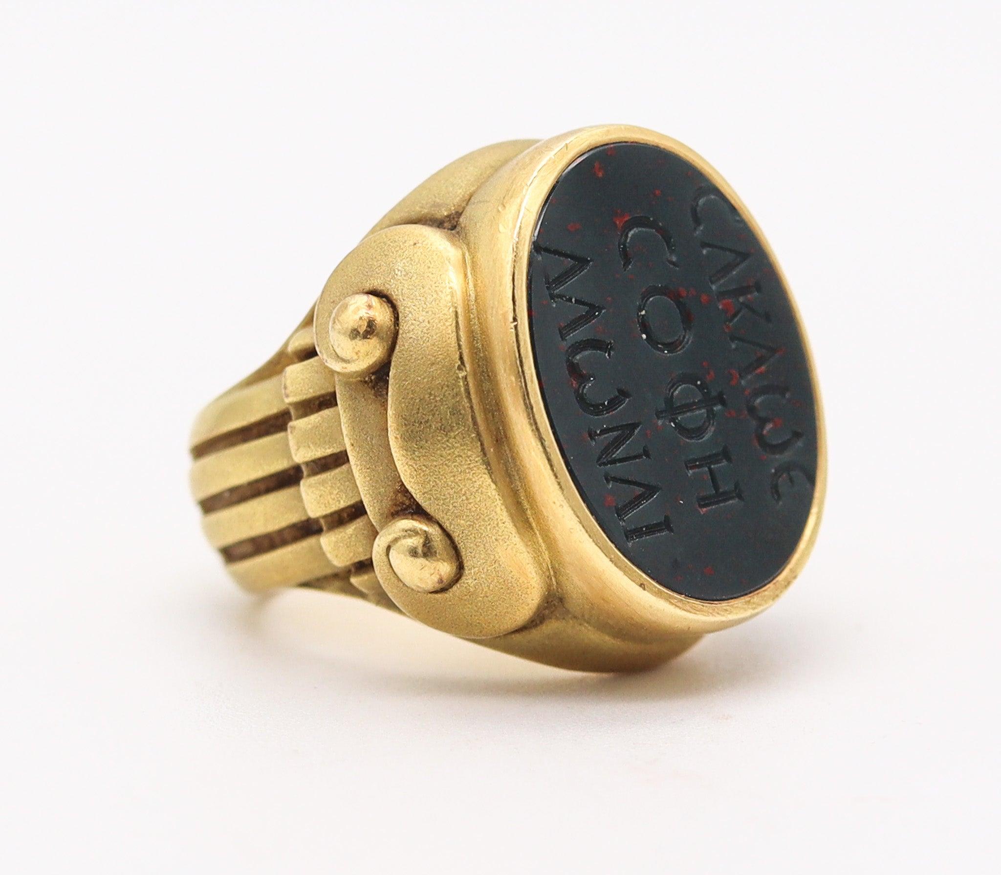 Classical Greek KIESELSTEIN CORD 1984 Signet Intaglio Ring In 18Kt Yellow Gold With Bloodstone For Sale