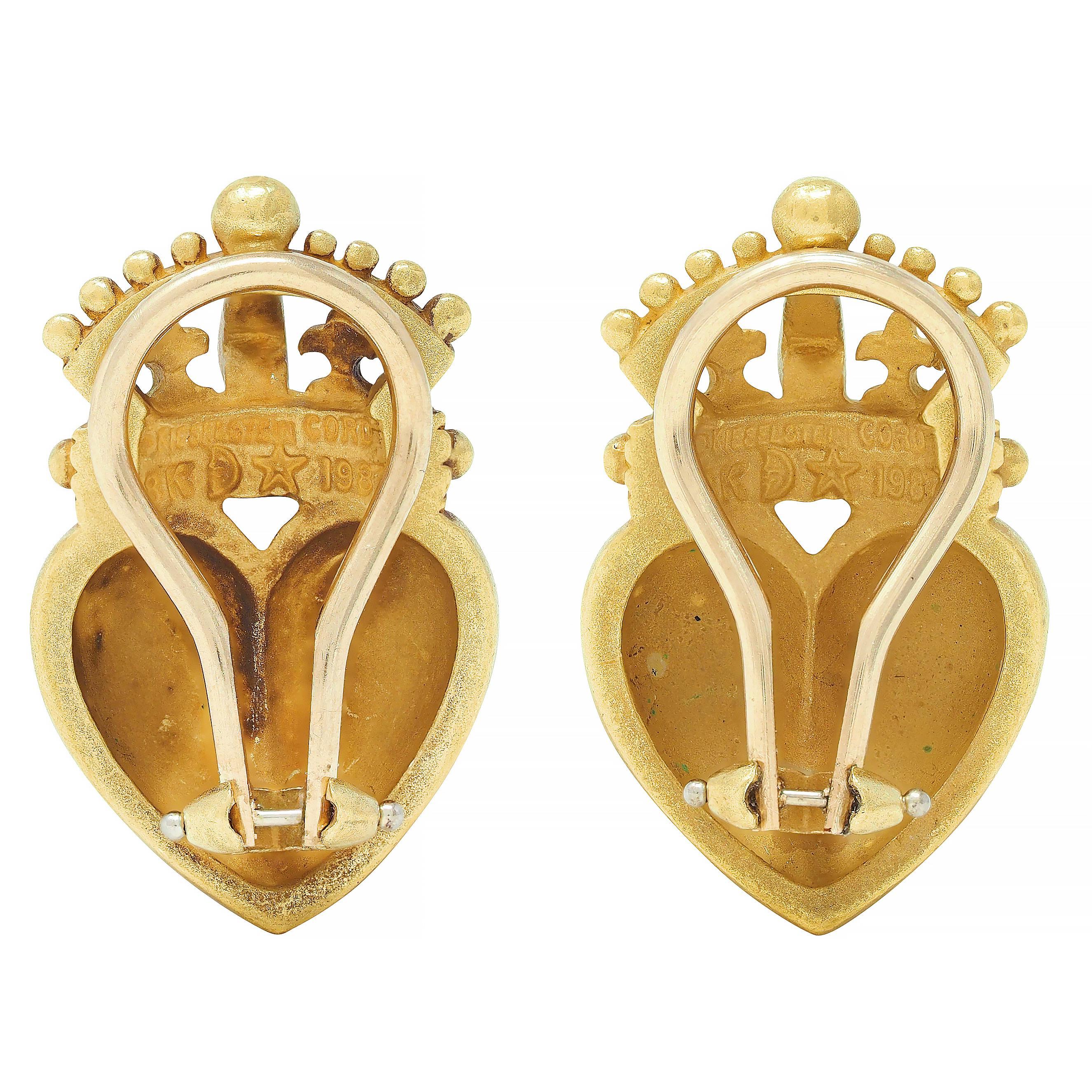 Women's or Men's Kieselstein Cord 1987 18 Karat Yellow Gold Crown & Heart Vintage Earrings For Sale