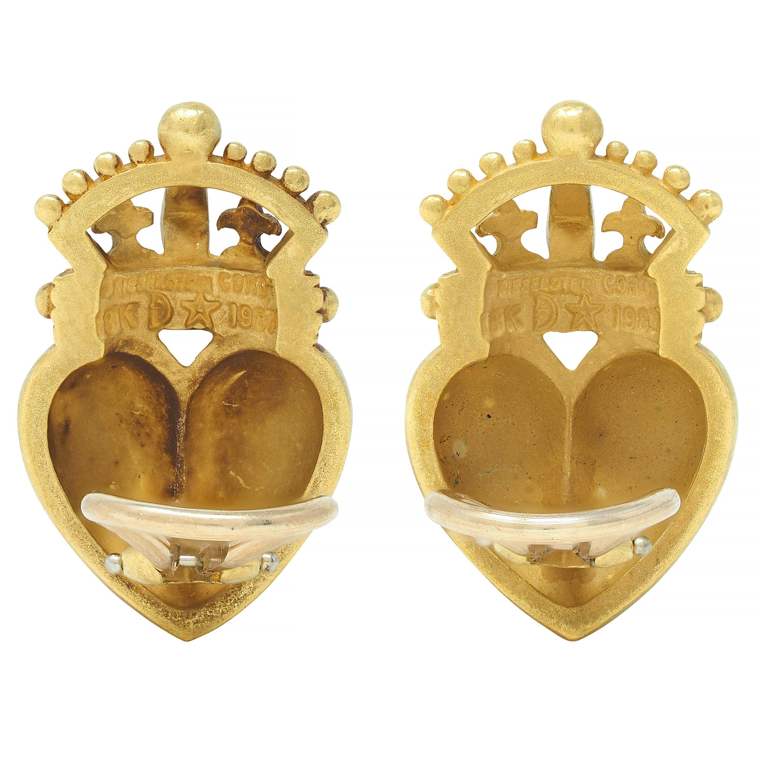 Kieselstein Cord 1987 18 Karat Yellow Gold Crown & Heart Vintage Earrings For Sale 3