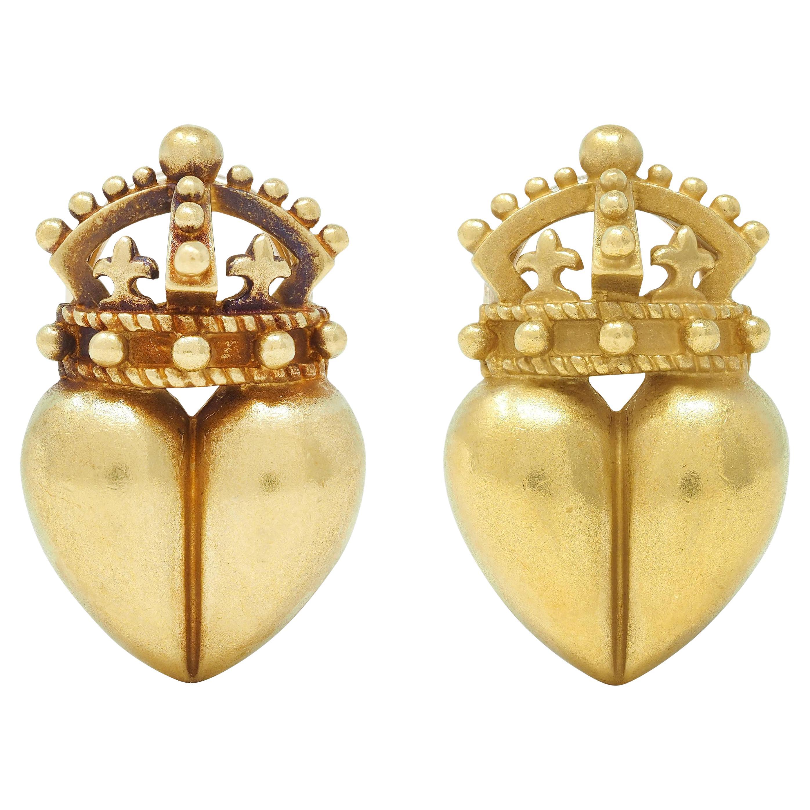 Kieselstein Cord 1987 18 Karat Yellow Gold Crown & Heart Vintage Earrings For Sale