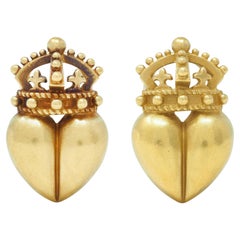 Boucles d'oreilles Vintage KIESELSTEIN-CORD 1987 Couronne et Coeur en or jaune 18 carats