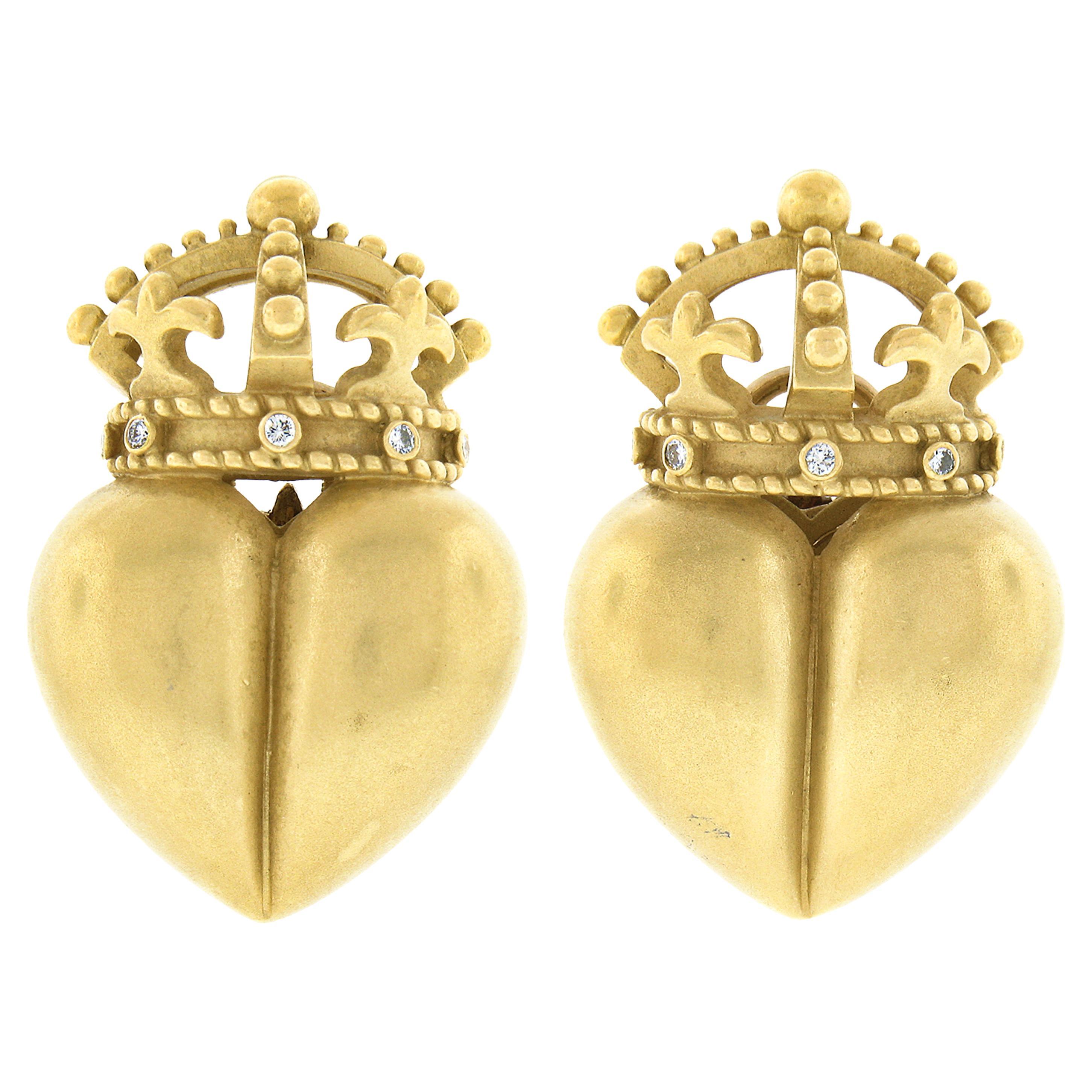 Kieselstein-Cord 1987 18K Gold Large Classic Heart & Crown W/ Diamond Earrings