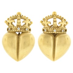 Kieselstein-Cord 1987 18K Gold Large Classic Heart & Crown W/ Diamond Earrings