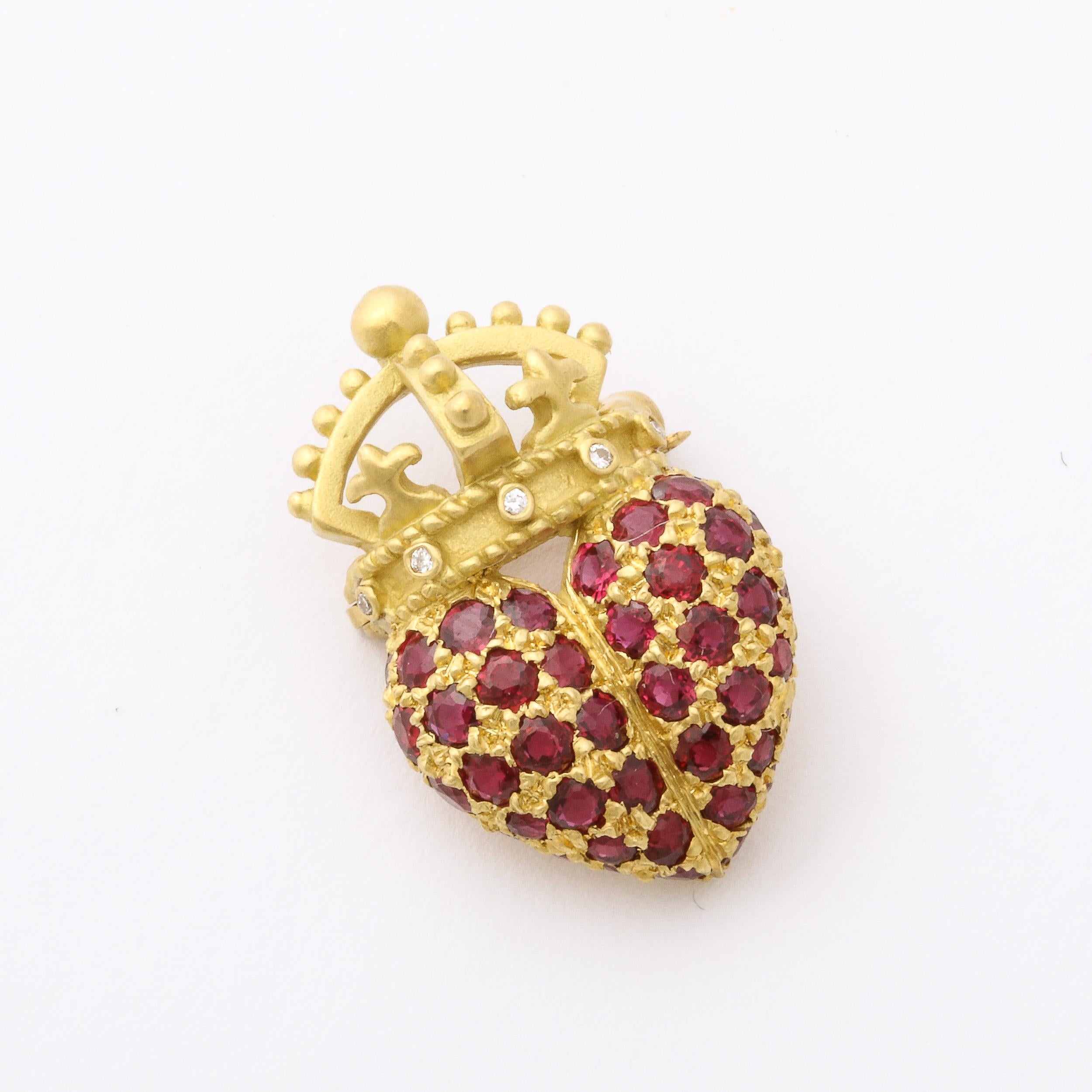 Modernist In the manner of Kieselstein-Cord Royal Hearts 18k Ruby & Diamond Heart Brooch