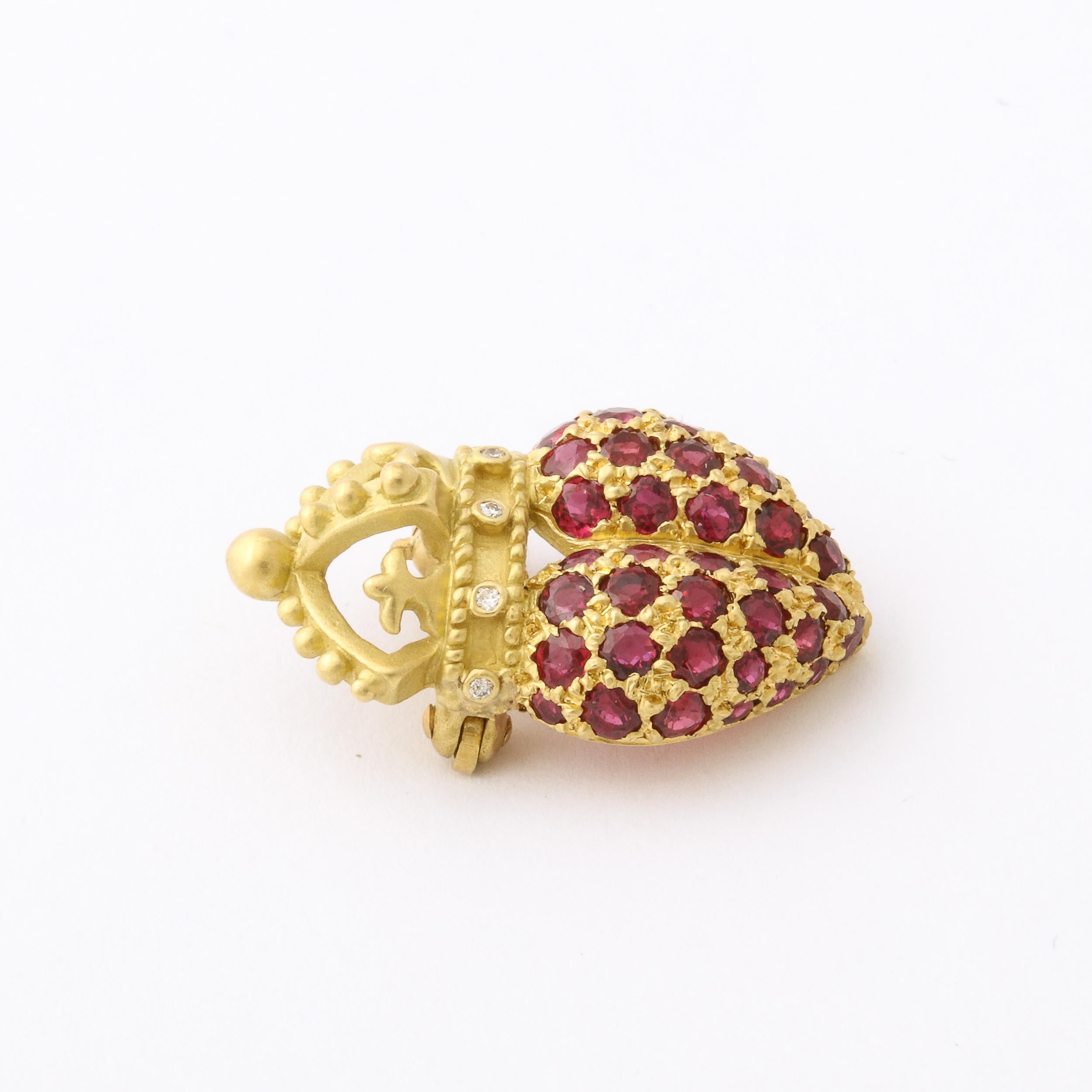 Women's or Men's In the manner of Kieselstein-Cord Royal Hearts 18k Ruby & Diamond Heart Brooch