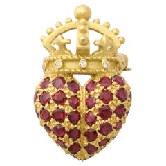 Vintage In the manner of Kieselstein-Cord Royal Hearts 18k Ruby & Diamond Heart Brooch