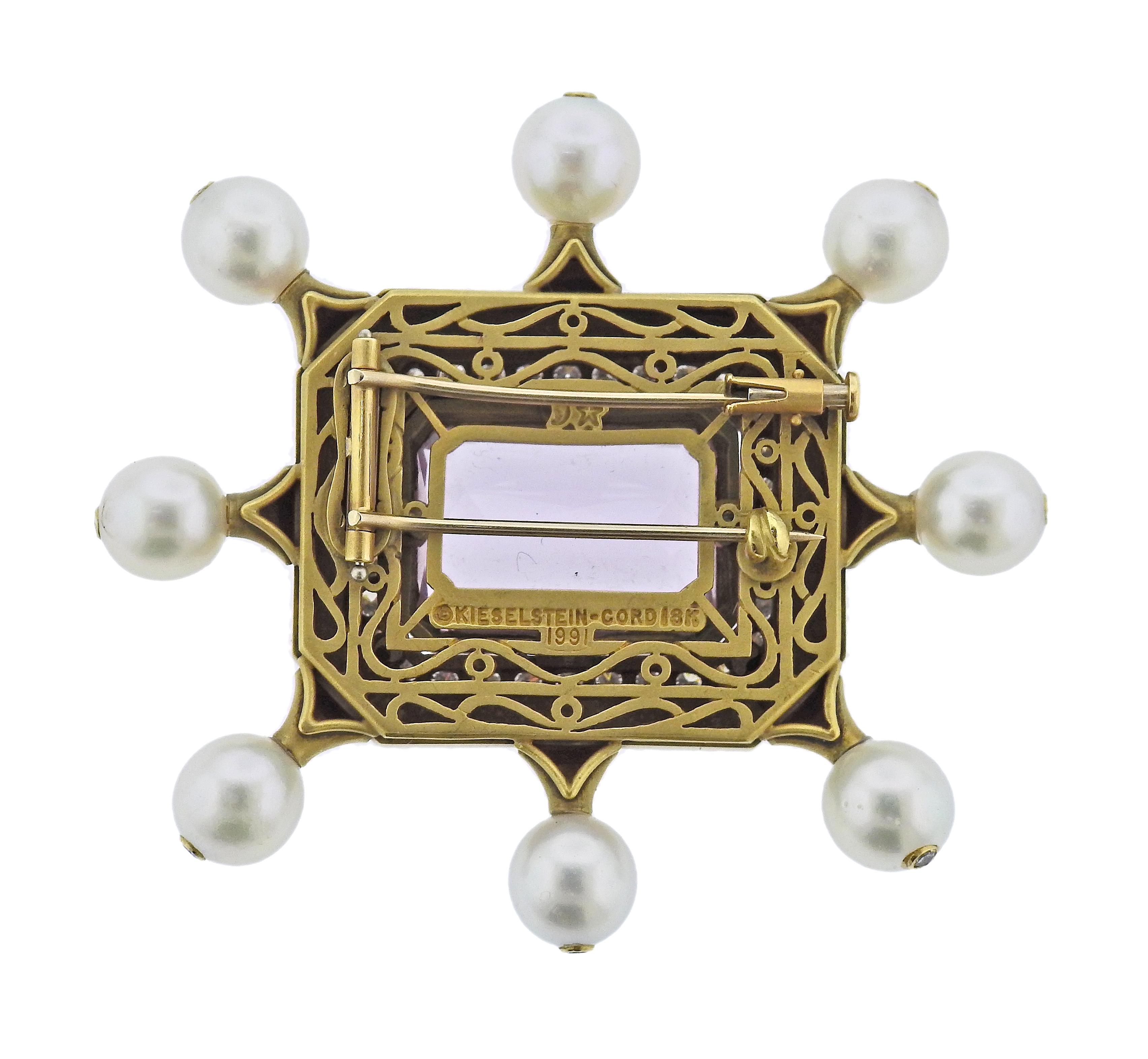 Large 18k gold brooch by Kieselstein Cord, with center approx. 23ct kunzite (stone measures 20.2 x 14.6 x 9.5mm), surrounded with 8mm pearls and approx. 1.00ctw in H/VS diamonds. Brooch measures 2 3/8