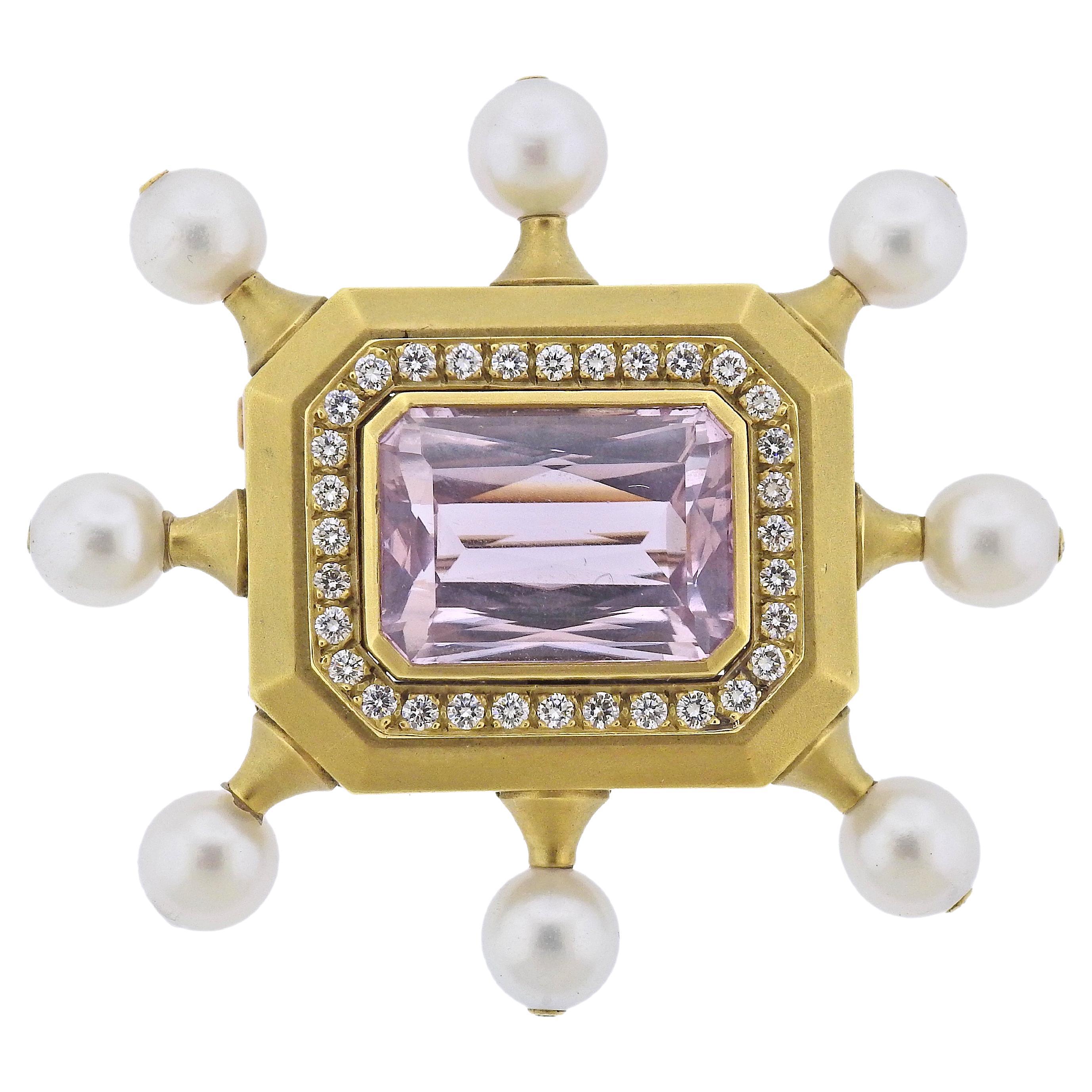 Kieselstein Cord 23ct Kunzite Diamond Pearl Gold Brooch For Sale