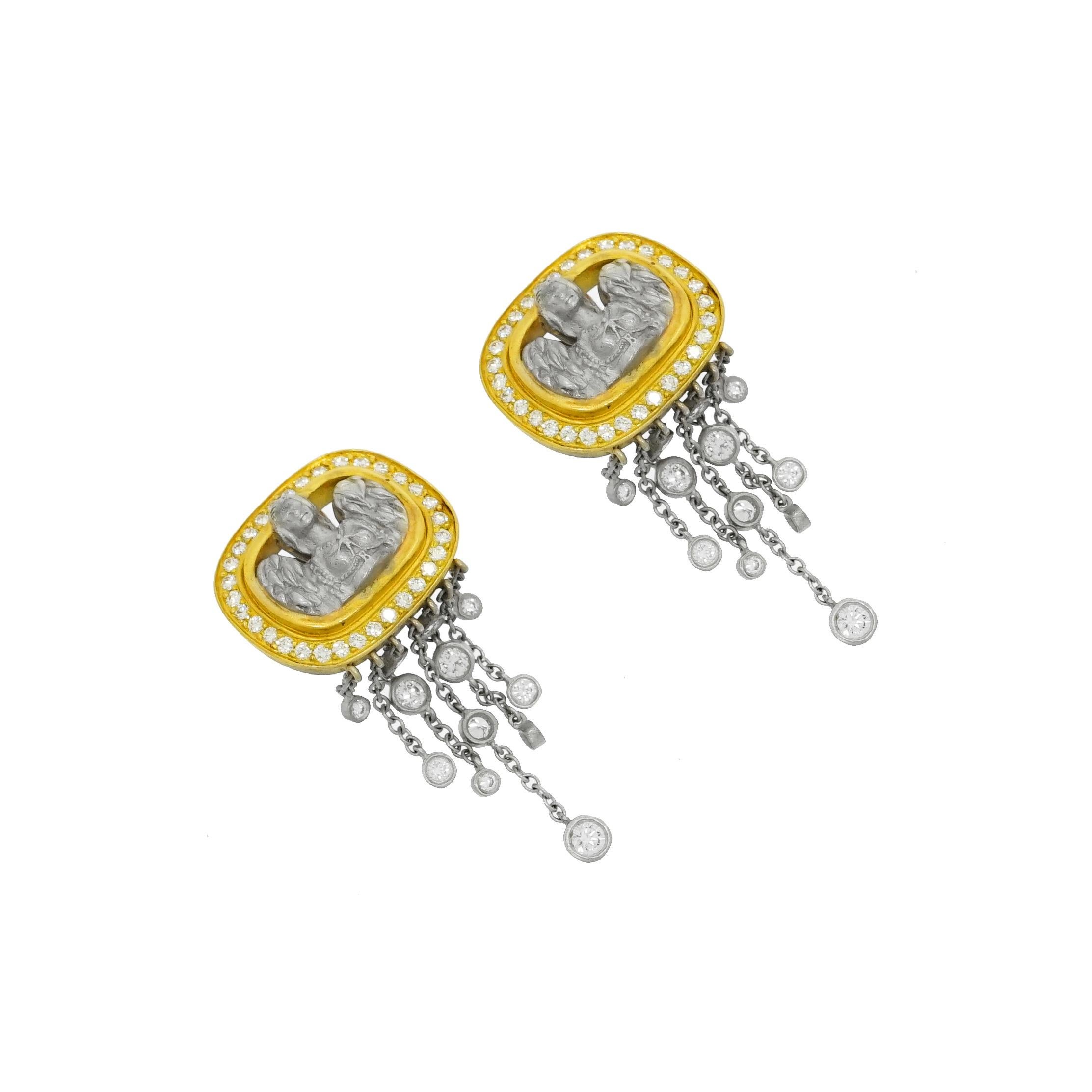 Barry Kieselstein-Cord (BKC) is a critically acclaimed, international, award-winning legendary American designer, artist, and photographer.
This gorgeous pair of earrings crafted in 18k yellow and white gold with a rain of white round Diamonds. 
A
