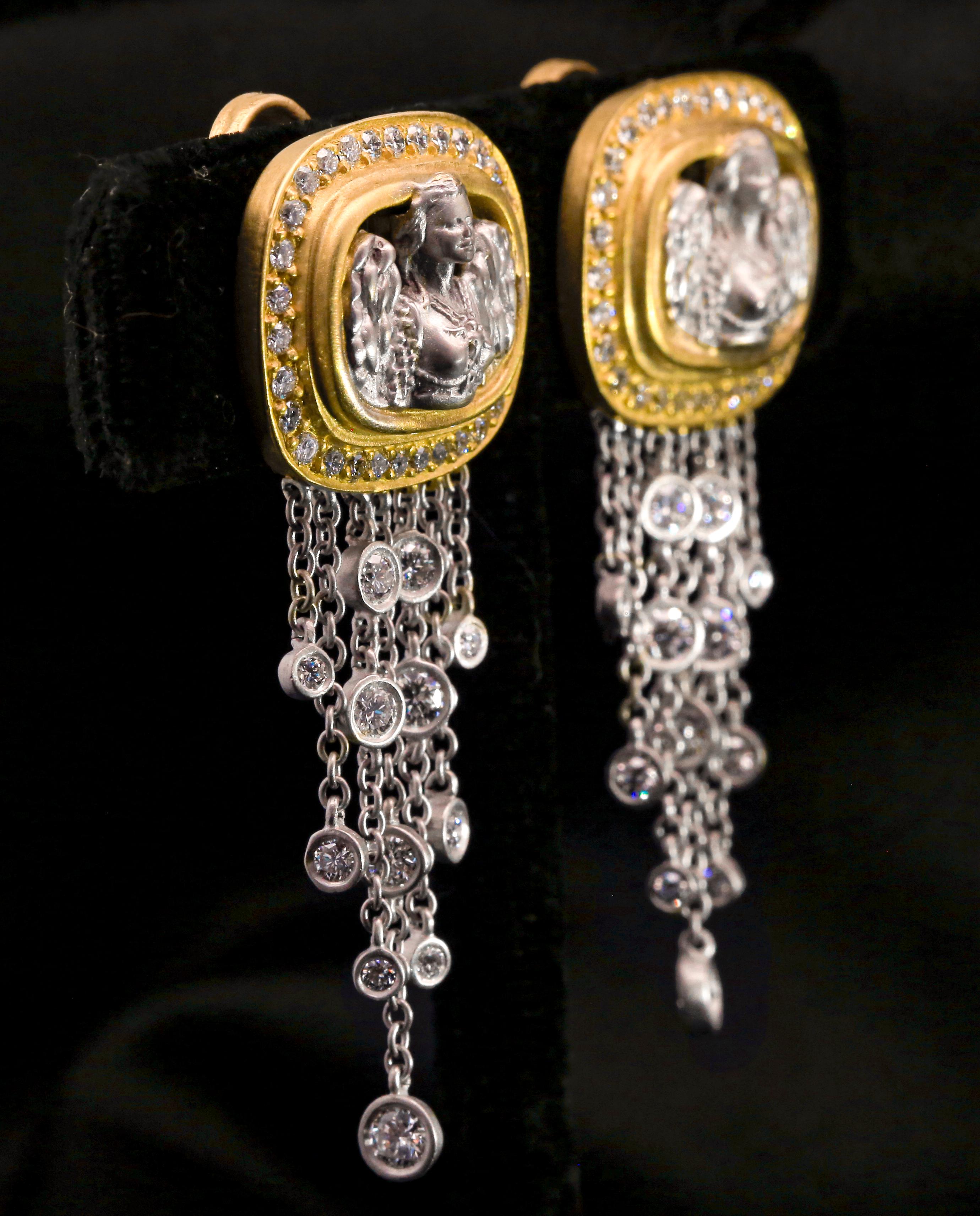 Modernista Kieselstein-Cord Angel Plaque Diamond Drop Earrings in 18K Gold & Platinum in vendita