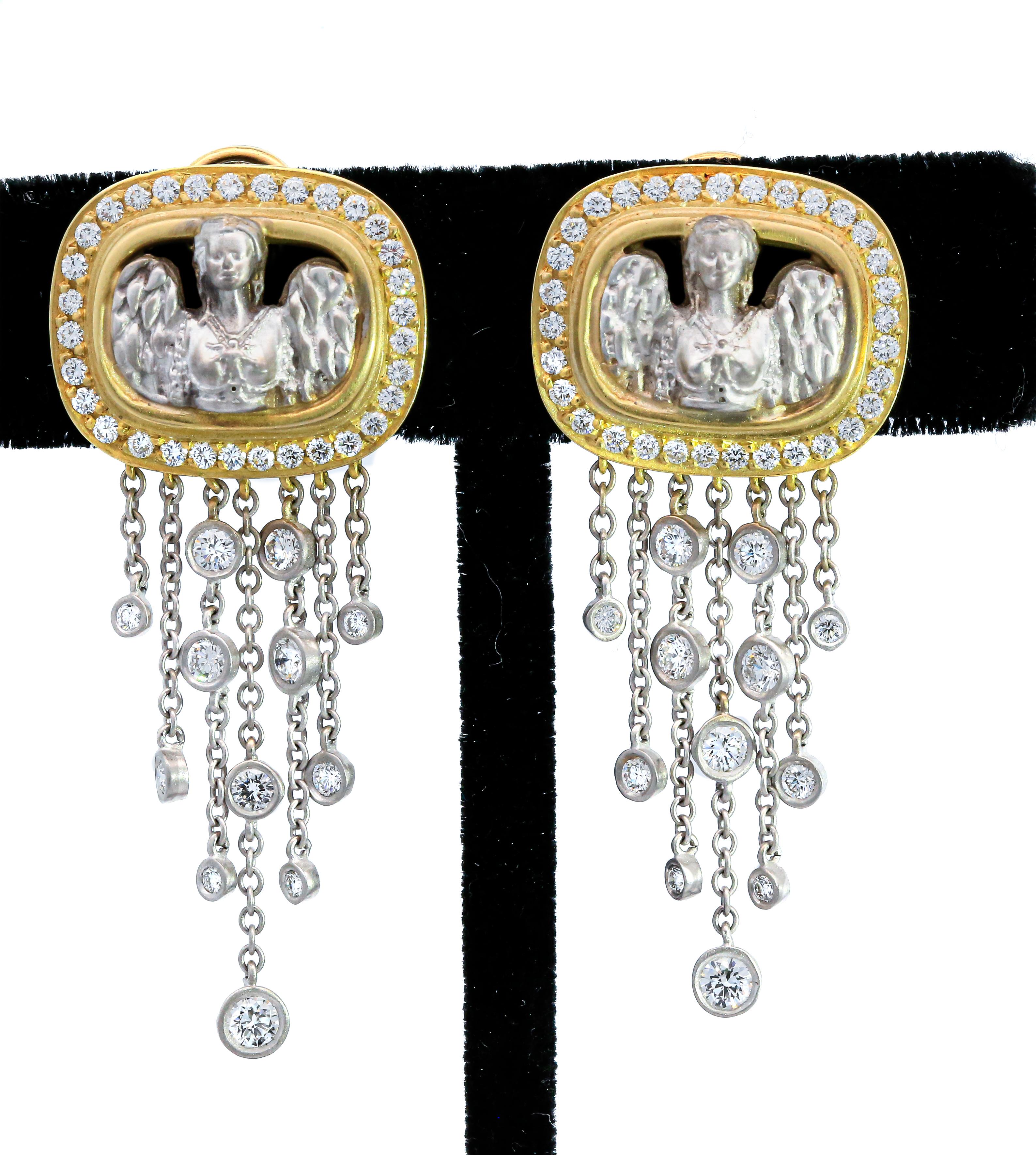 Taglio rotondo Kieselstein-Cord Angel Plaque Diamond Drop Earrings in 18K Gold & Platinum in vendita