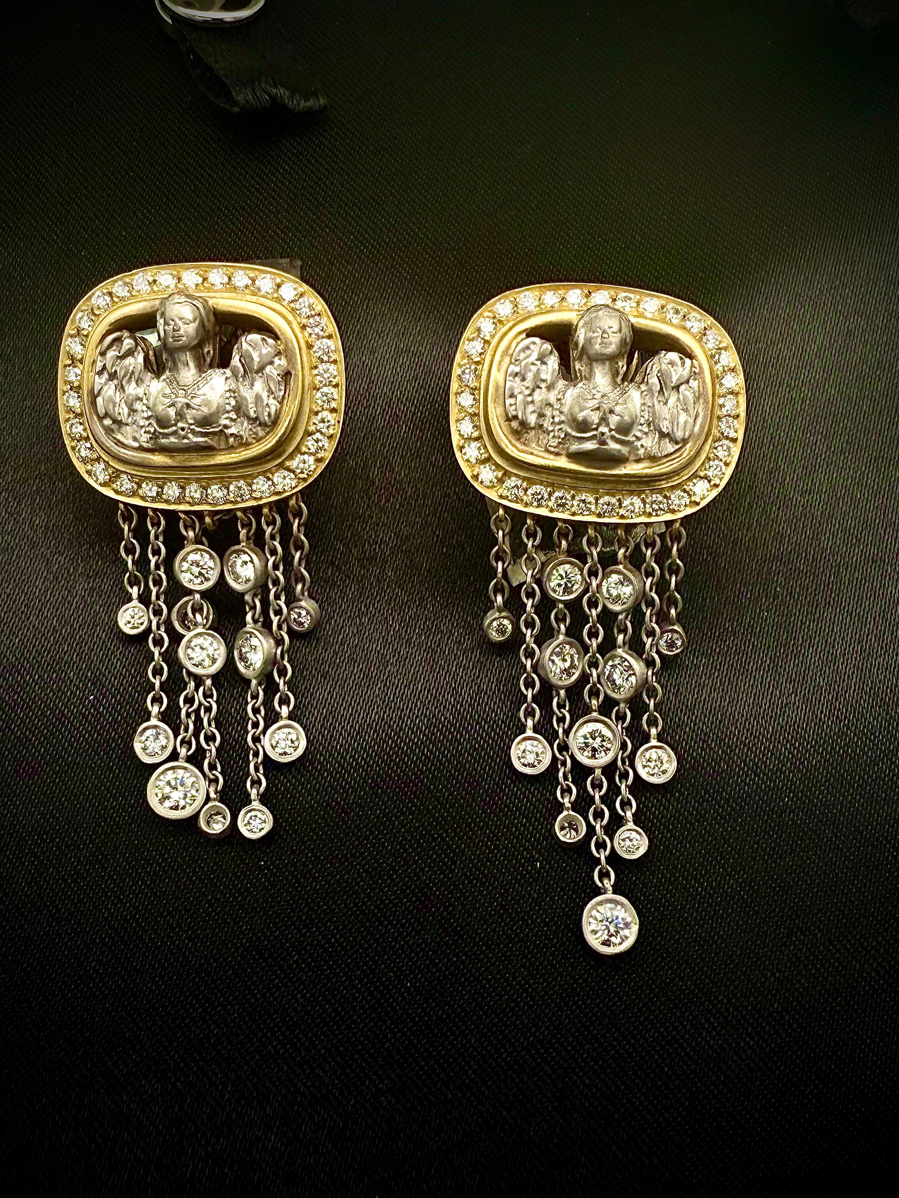 Kieselstein-Cord Angel Plaque Diamond Drop Earrings in 18K Gold & Platinum In condizioni ottime in vendita a New York, NY