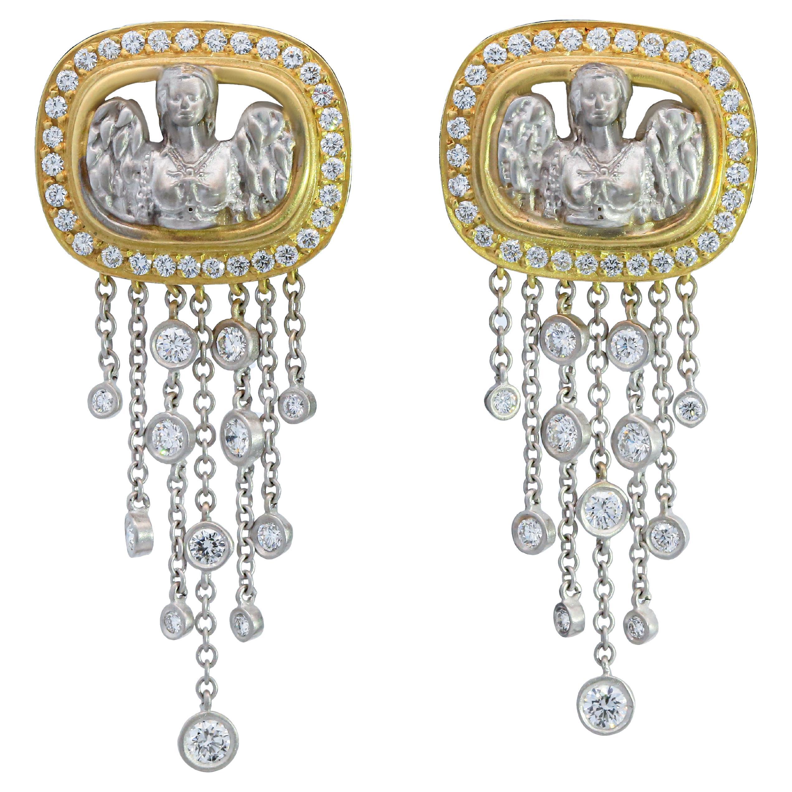 KIESELSTEIN-CORD Boucles d
oreilles pendantes en or 18 carats et platine avec plaque d
ange et diamants