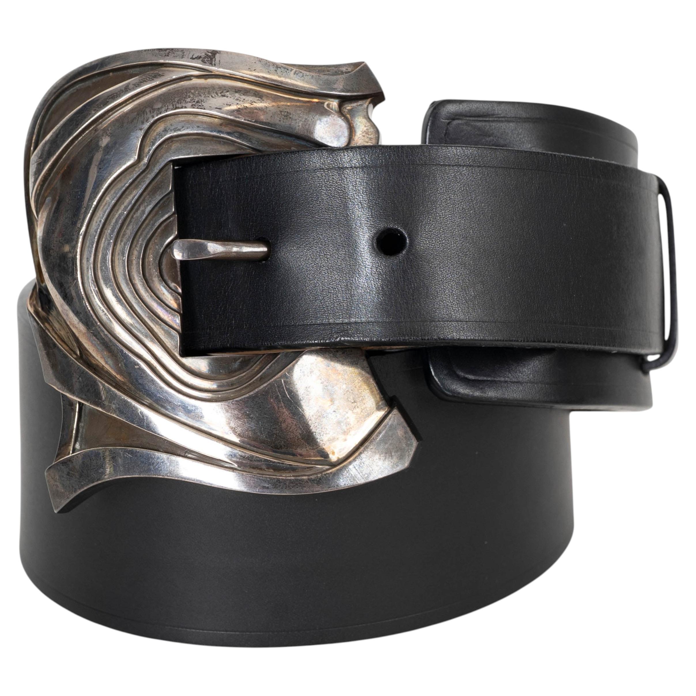 Cinturón KIESELSTEIN-CORD de cuero negro 1995 con hebilla de PLATA STERLING 5
