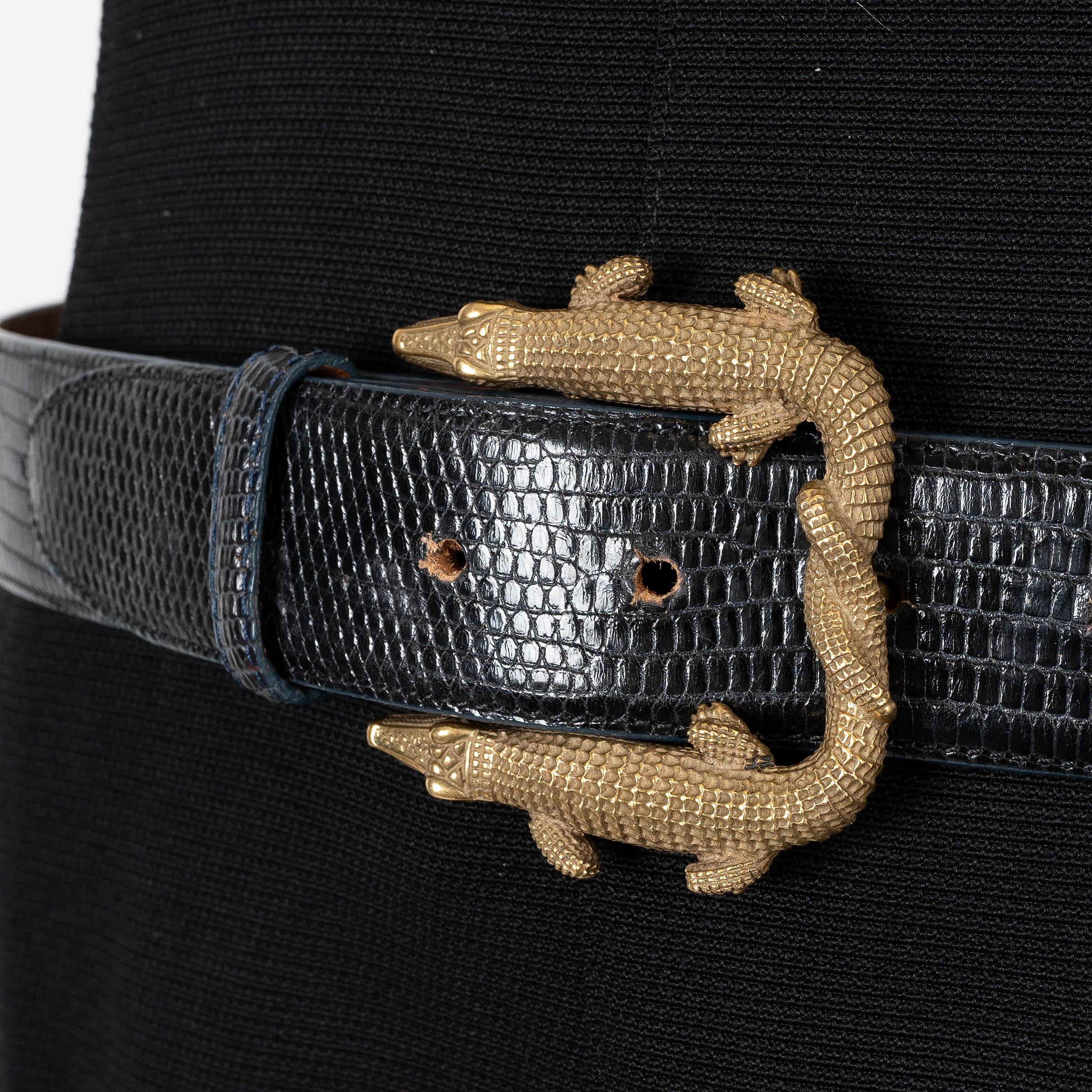 Women's KIESELSTEIN-CORD black lizard Art Bronze DOUBLE ALLIGATOR BUCKLE Belt 32 For Sale