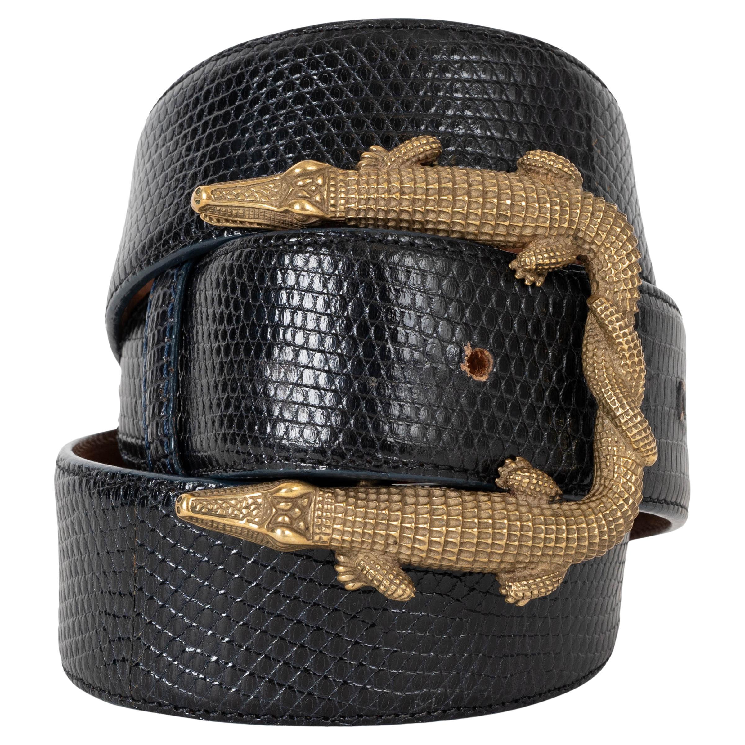 KIESELSTEIN-CORD black lizard Art Bronze DOUBLE ALLIGATOR BUCKLE Belt 32 For Sale