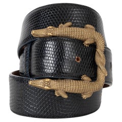 KIESELSTEIN-CORD black lizard Art Bronze DOUBLE ALLIGATOR BUCKLE Belt 32