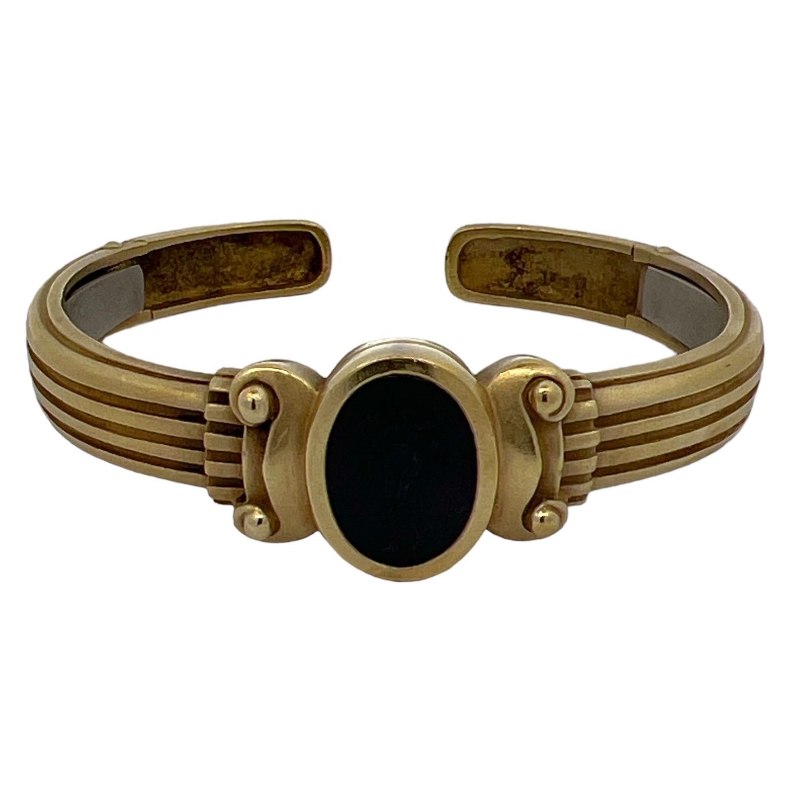 Modern Kieselstein Cord Black Onyx Intaglio 18k Yellow Gold Cuff Bangle Bracelet Hinged