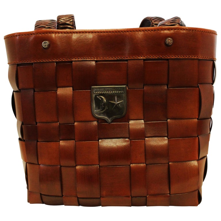 Kieselstein-Cord Brown Leather Band Woven Bag W/ Drawstring Insert ...