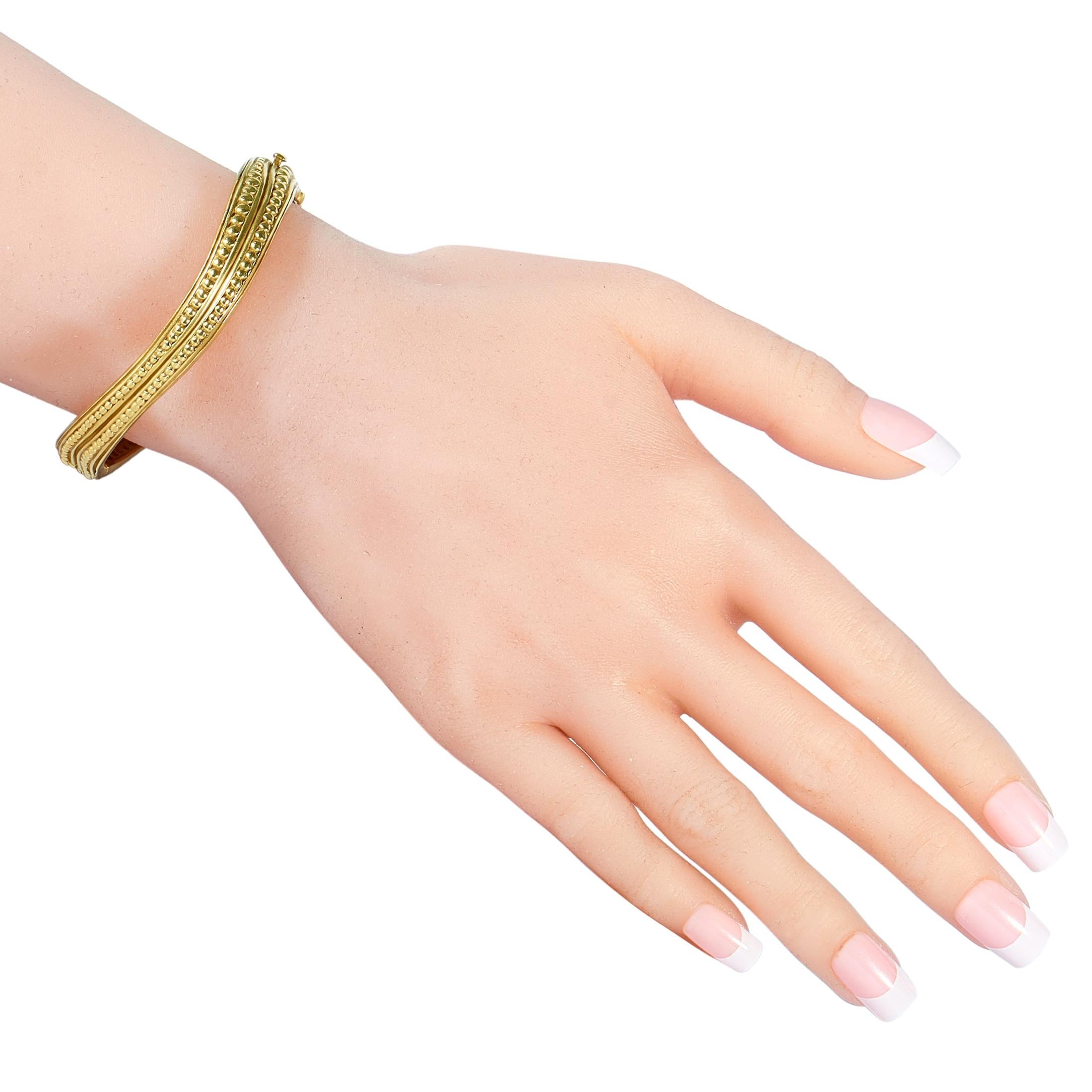 The Kieselstein-Cord “Caviar” bracelet is made of 18K yellow gold and weighs 38.4 grams, measuring 7” in length.