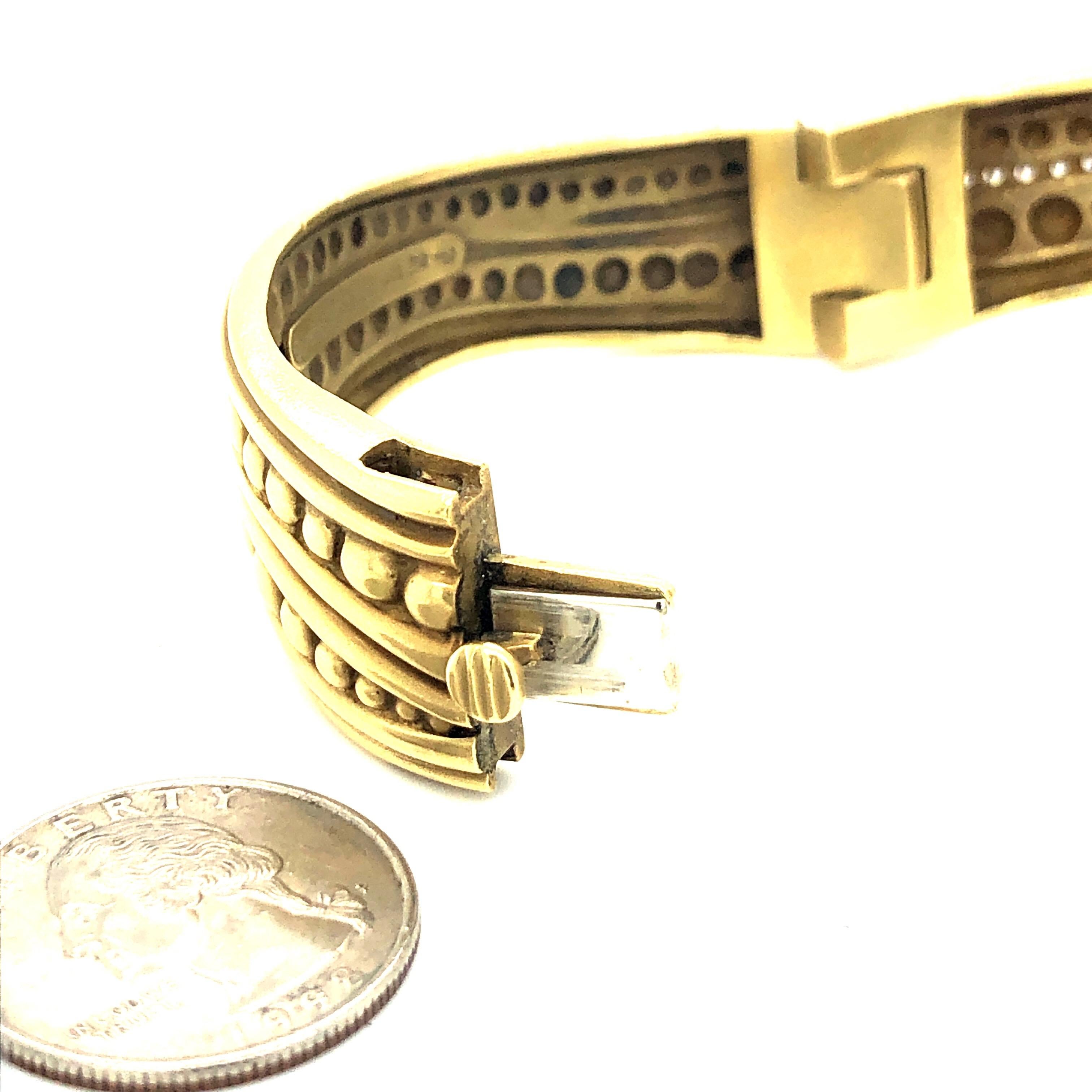 Kieselstein Cord 18K yellow gold Large Caviar Diamond Bracelet. Stamped B. Kieselstein 1992 and 750. Two safety clasps on hinged cuff. Classic Caviar Design in a wavy style. Fits standard size 7-7.5 wrist. Kieselstein Cord offers this bracelet in