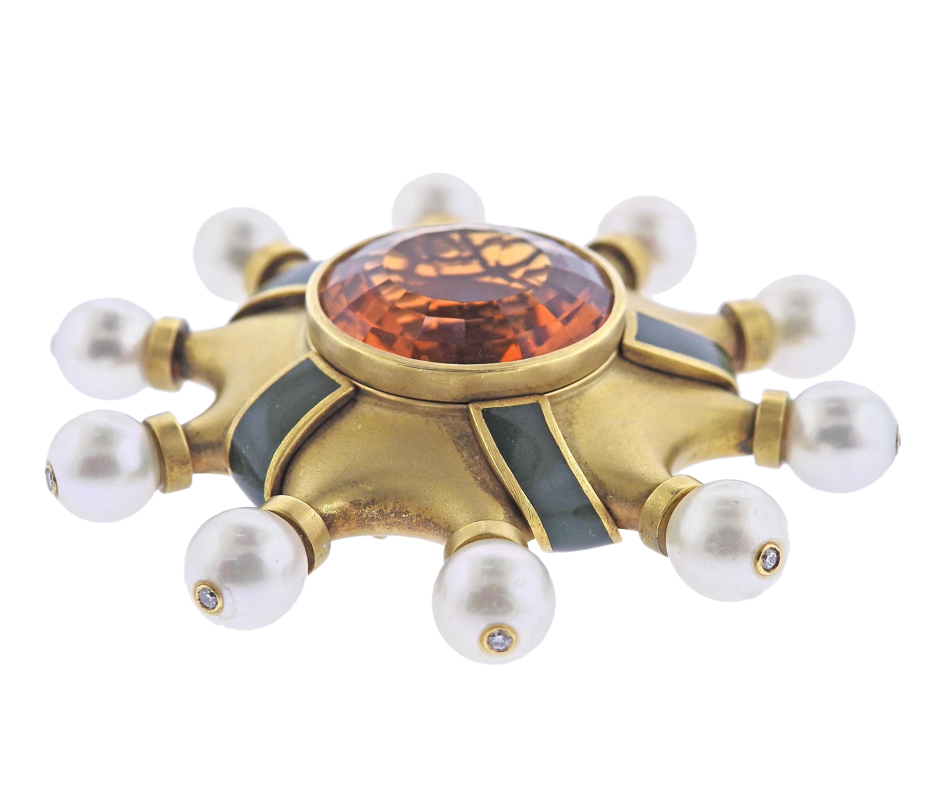 Circa 1991, Kieselstein Cord 18k gold brooch, set with center 21mm citrine, surrounded with 8-8.5mm pearls, each with 1 diamond on the top, and green enamel. Brooch measures 2 3/8