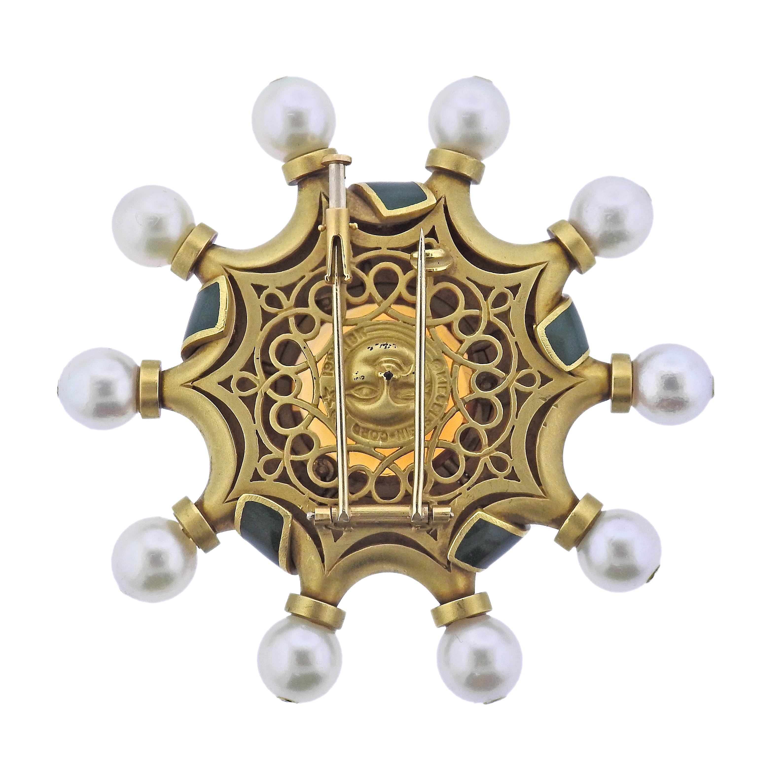 Kieselstein Goldbrosche/Anstecknadel, Citrin Perle Diamant Emaille (Rundschliff) im Angebot
