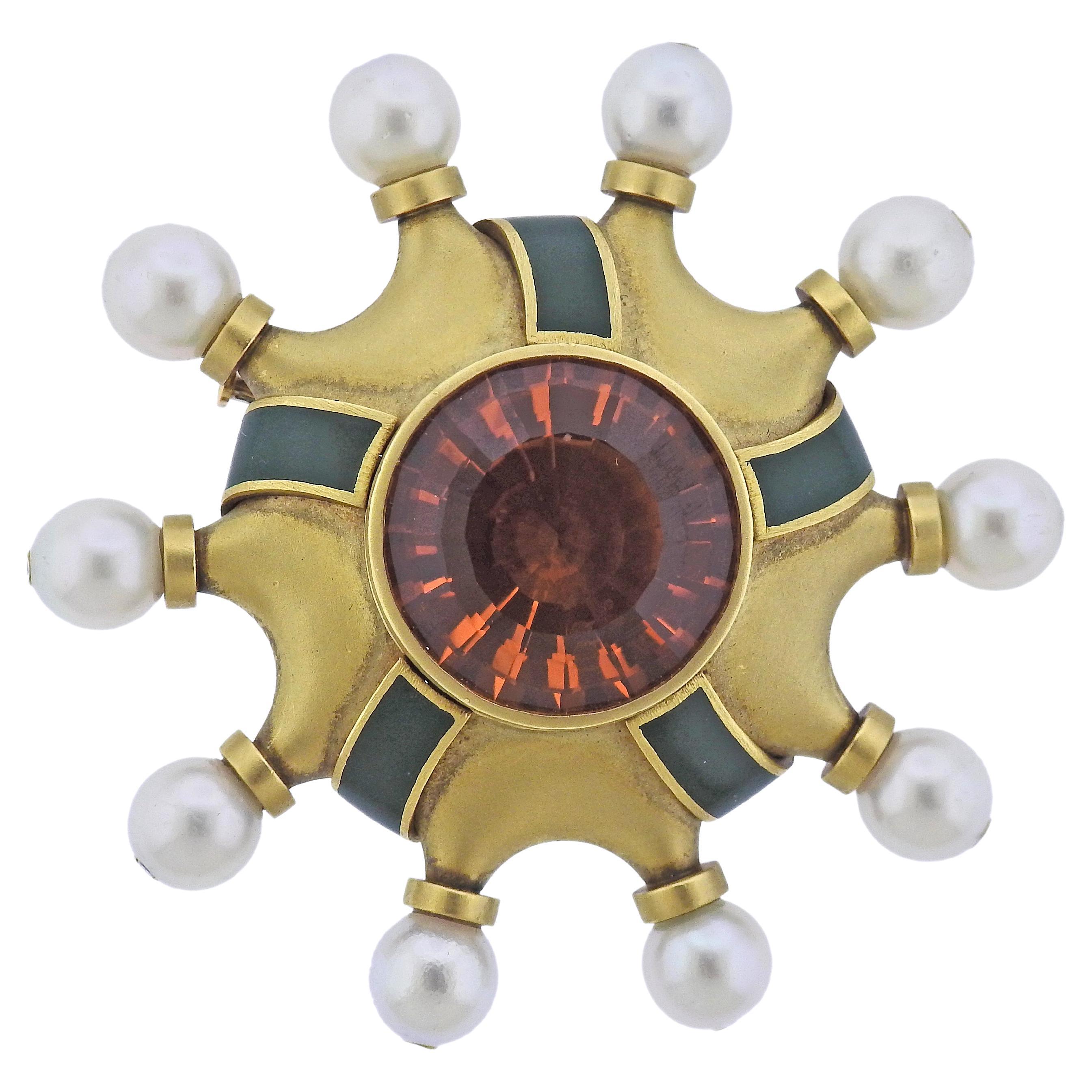 Kieselstein Cord Citrine Pearl Diamond Enamel Gold Brooch Pin For Sale