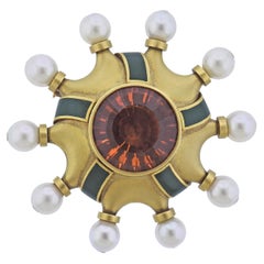 Retro Kieselstein Cord Citrine Pearl Diamond Enamel Gold Brooch Pin