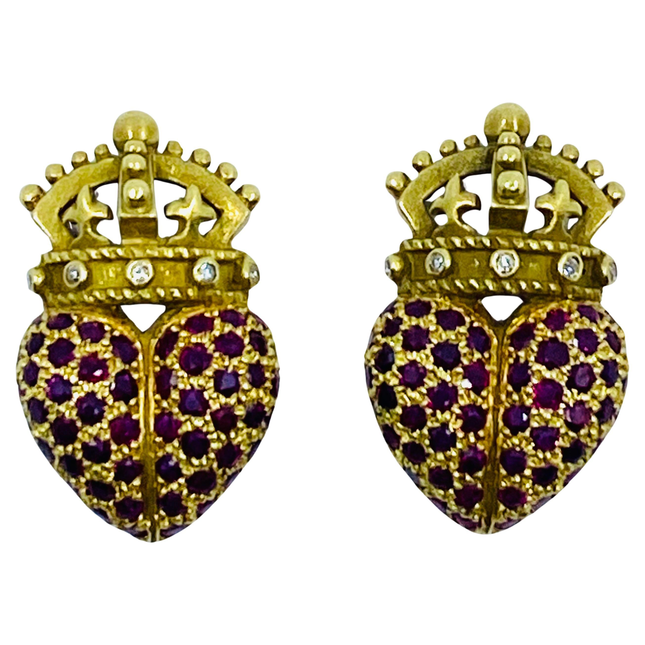 Women's Kieselstein Cord Crown Heart Earrings Gold Ruby Diamond