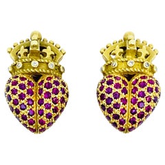 Kieselstein Cord Crown Heart Earrings Gold Ruby Diamond