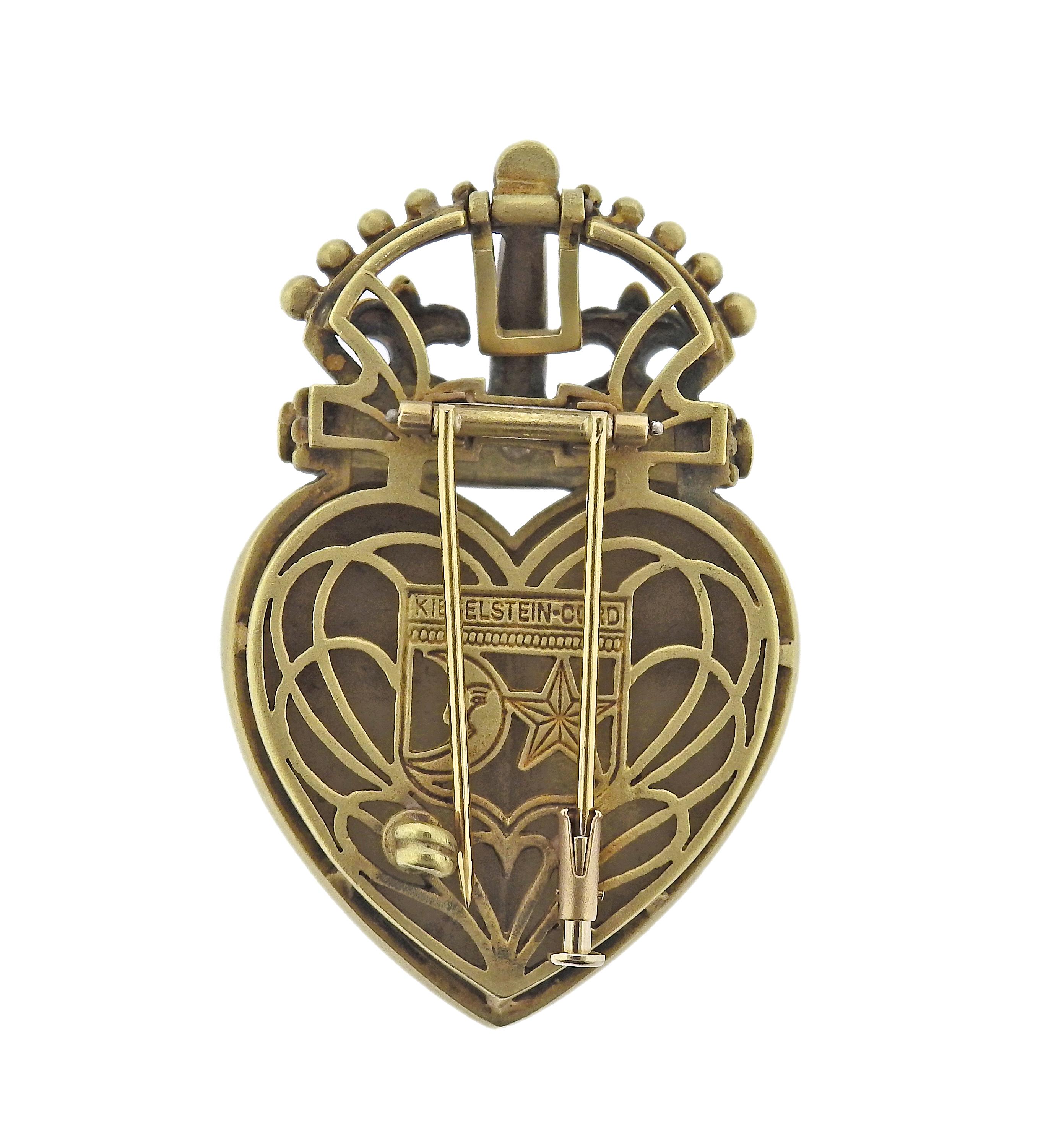 18k gold crown heart brooch pendant, with hidden collapsible bale. Adorned with approx. 0.20ctw in H/VS diamonds. Brooch measures 2