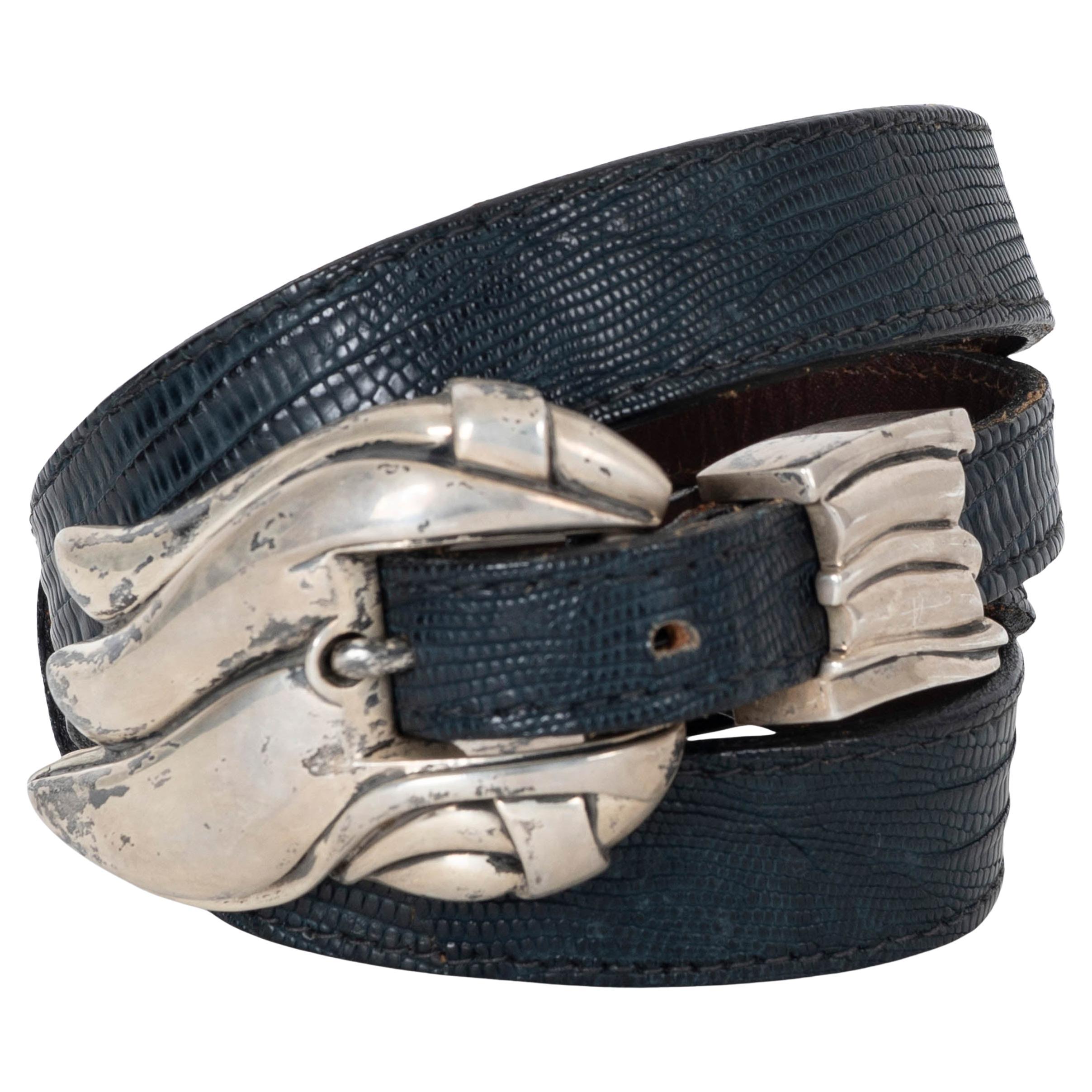 KIESELSTEIN-CORD dark blue lizard 1985 STERLING SILVER BUCKLE Belt 80