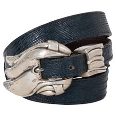 KIESELSTEIN-CORD dark blue lizard 1985 STERLING SILVER BUCKLE Belt 80