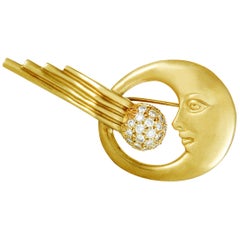 Kieselstein-Cord Diamond Crescent Moon Comet Yellow Gold Brooch