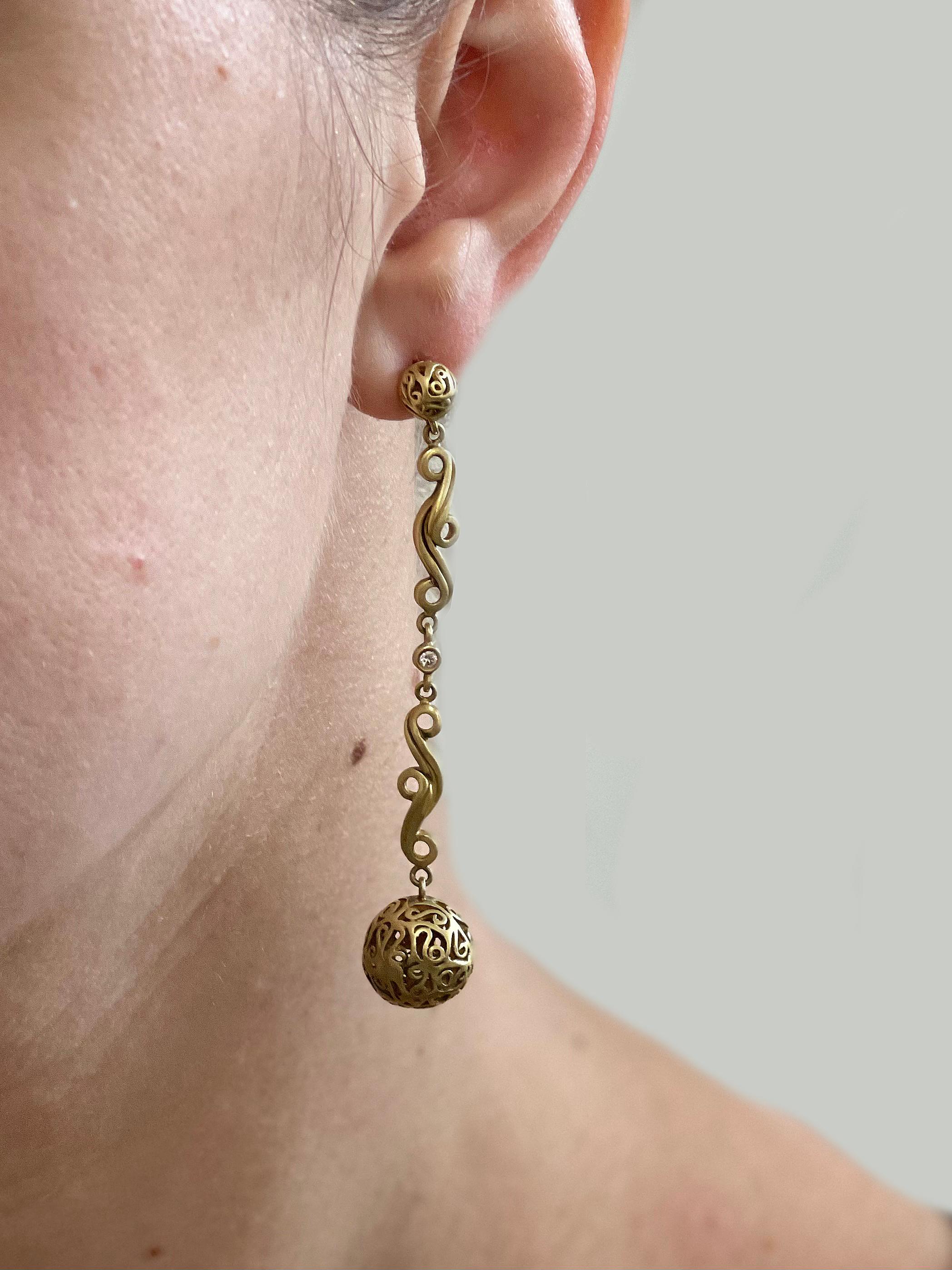 Round Cut Kieselstein Cord Diamond Gold Long Ball Drop Earrings