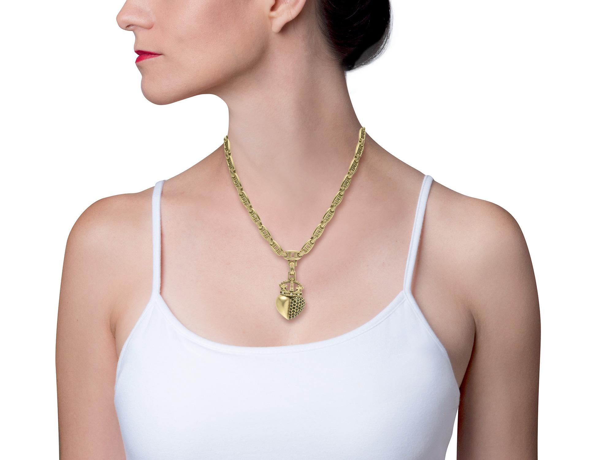 KIESELSTEIN-CORD Diamant, Turmalin, 18k Gold Krone Herz-Anhänger, Brosche, Halskette.  Die Kette ist 16