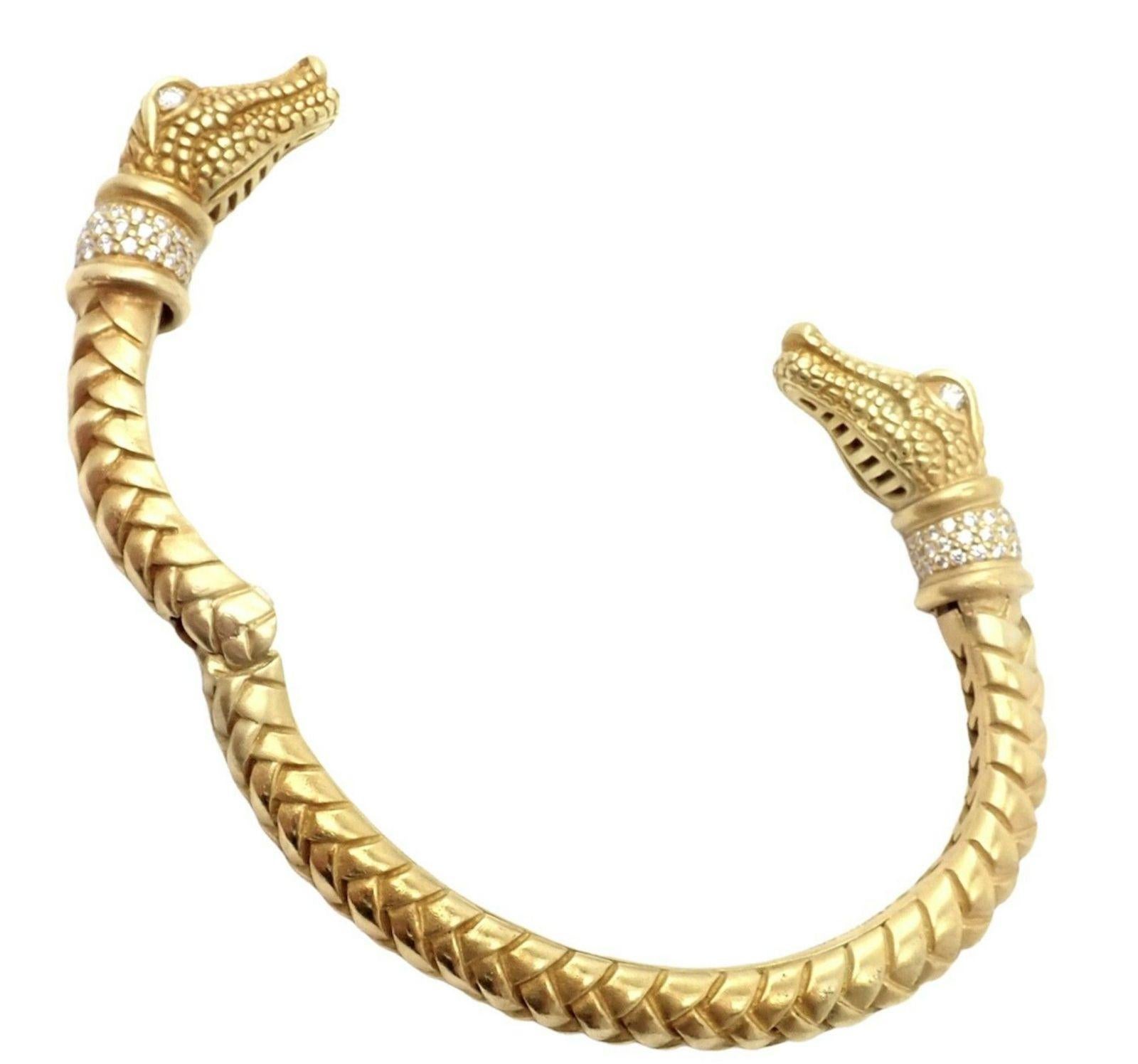 Brilliant Cut Kieselstein Cord Diamond Two Alligator Heads Yellow Gold Bangle Bracelet For Sale