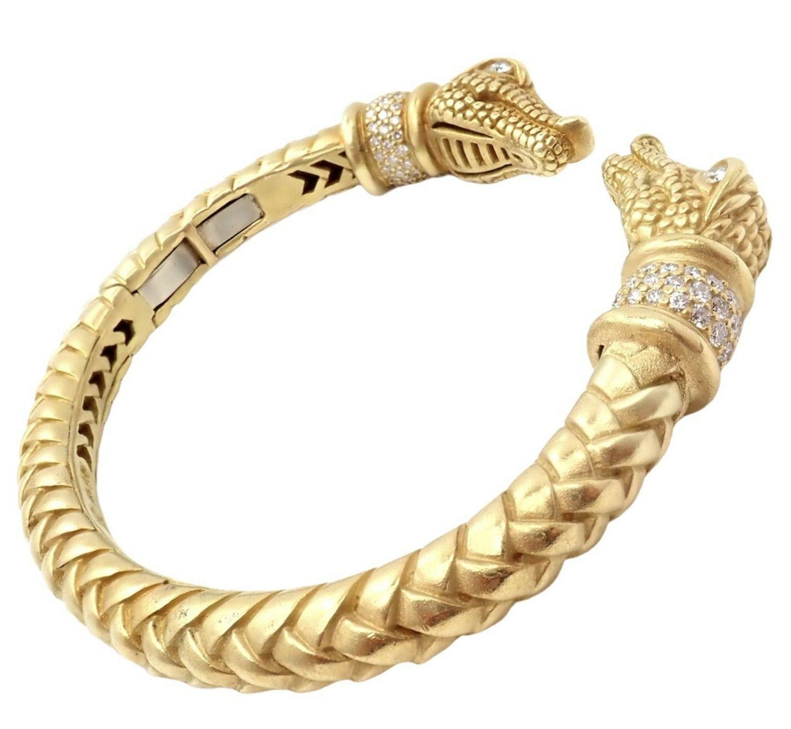 Women's or Men's Kieselstein Cord Diamond Two Alligator Heads Yellow Gold Bangle Bracelet For Sale