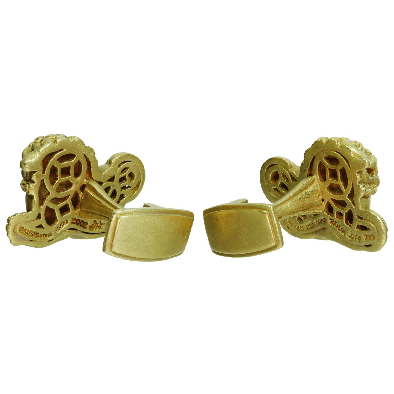 These exquisite Kieselstein-Cord are crafted in 18k yellow gold and set with D-E-G VVS1-VVS2 diamonds weighing an estimated 0.12 carats. Made in United States circa 2002. Protectors and guardians, Foo Dogs or Shi, are Chinese half dogs half lions, a