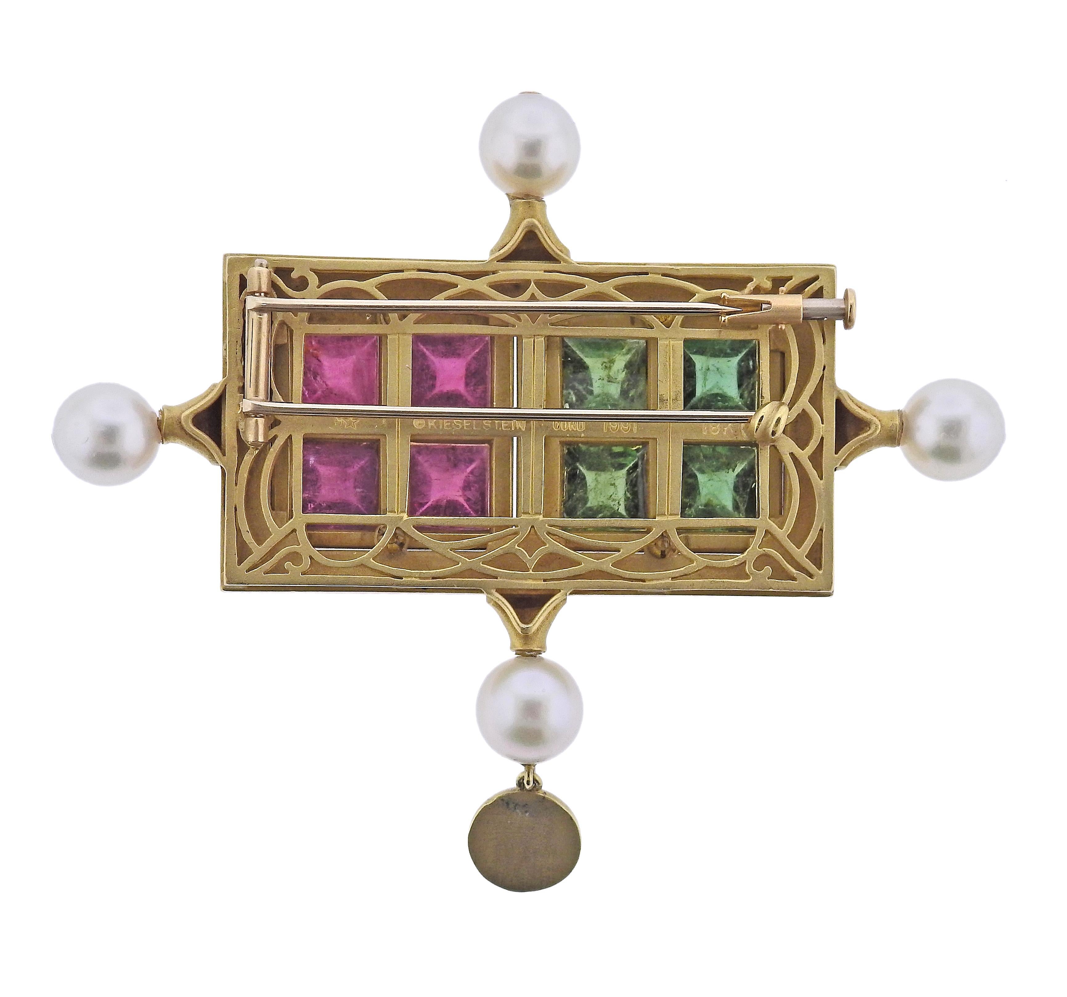 Circa 1991, 18k gold brooch by Kieselstein Cord, set with 8 - 8.5mm pearls,  with 1 diamond in the center, and eight sugarloaf cut pink and green tourmalines. Brooch measures 2.75