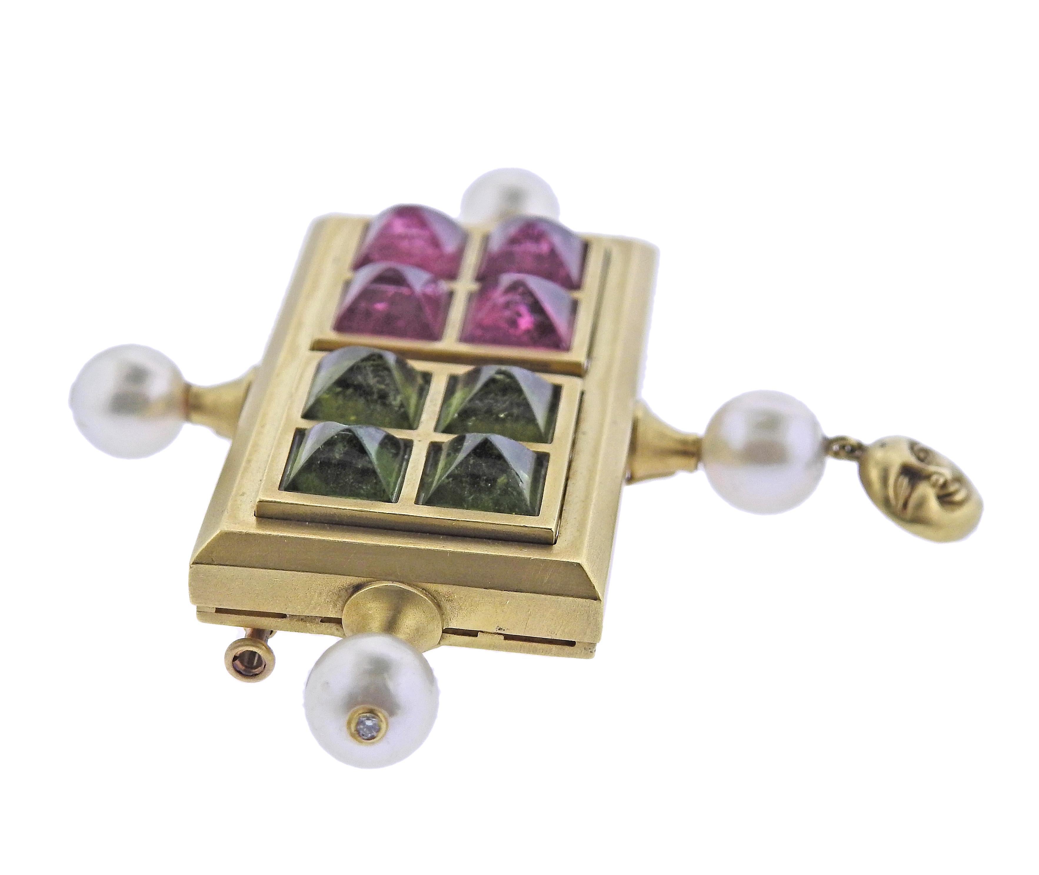 Kieselstein Cord Pink Green Tourmaline Diamond Pearl Gold Brooch Pin In Excellent Condition For Sale In New York, NY