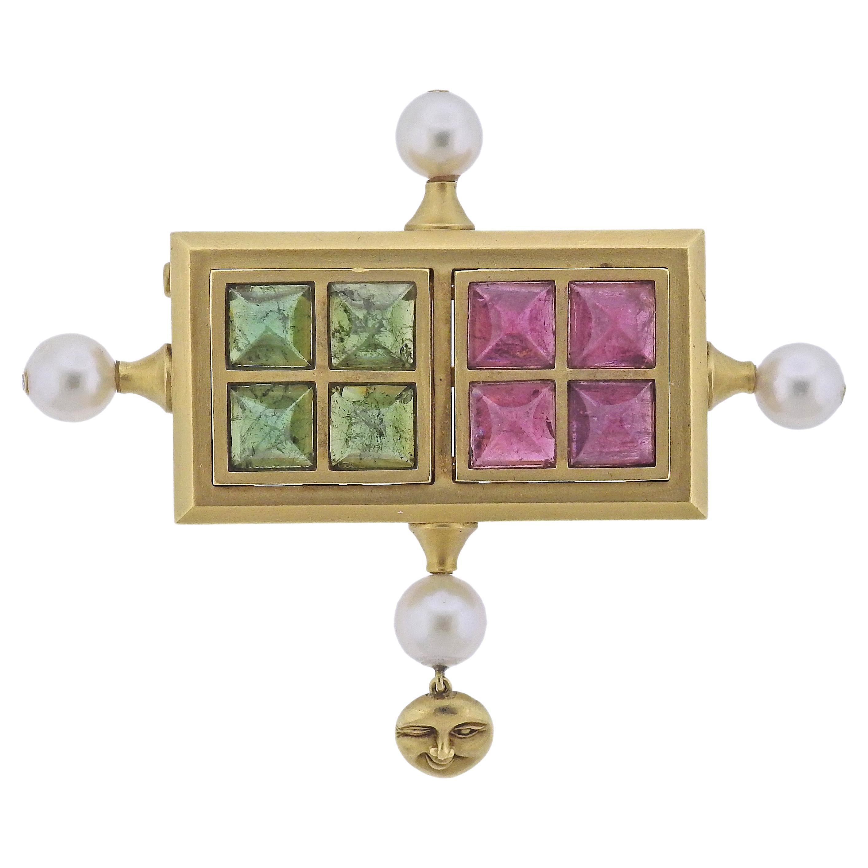Kieselstein Cord Pink Green Tourmaline Diamond Pearl Gold Brooch Pin