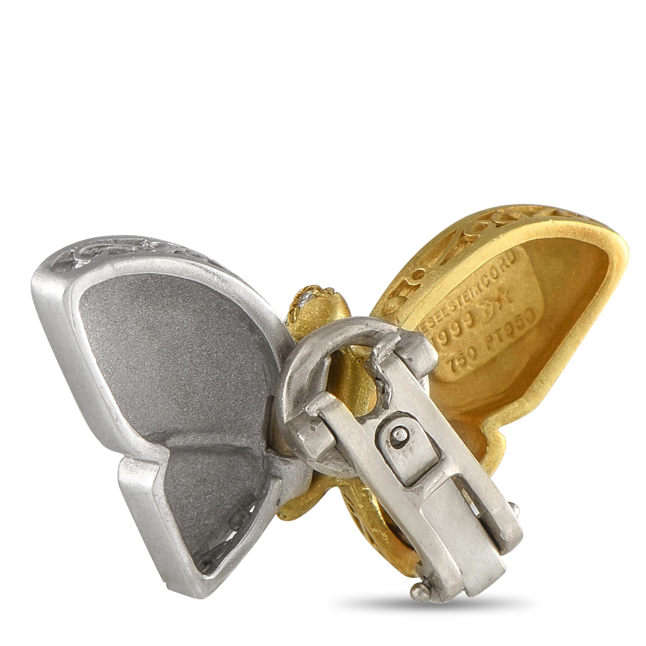 An enchanting two-toned design makes these Kieselstein-Cord earrings simply unforgettable. Crafted from a combination of Platinum and 18K Yellow Gold, Diamonds with a total weight of 0.70 carats make a statement at the center of the symmetrical